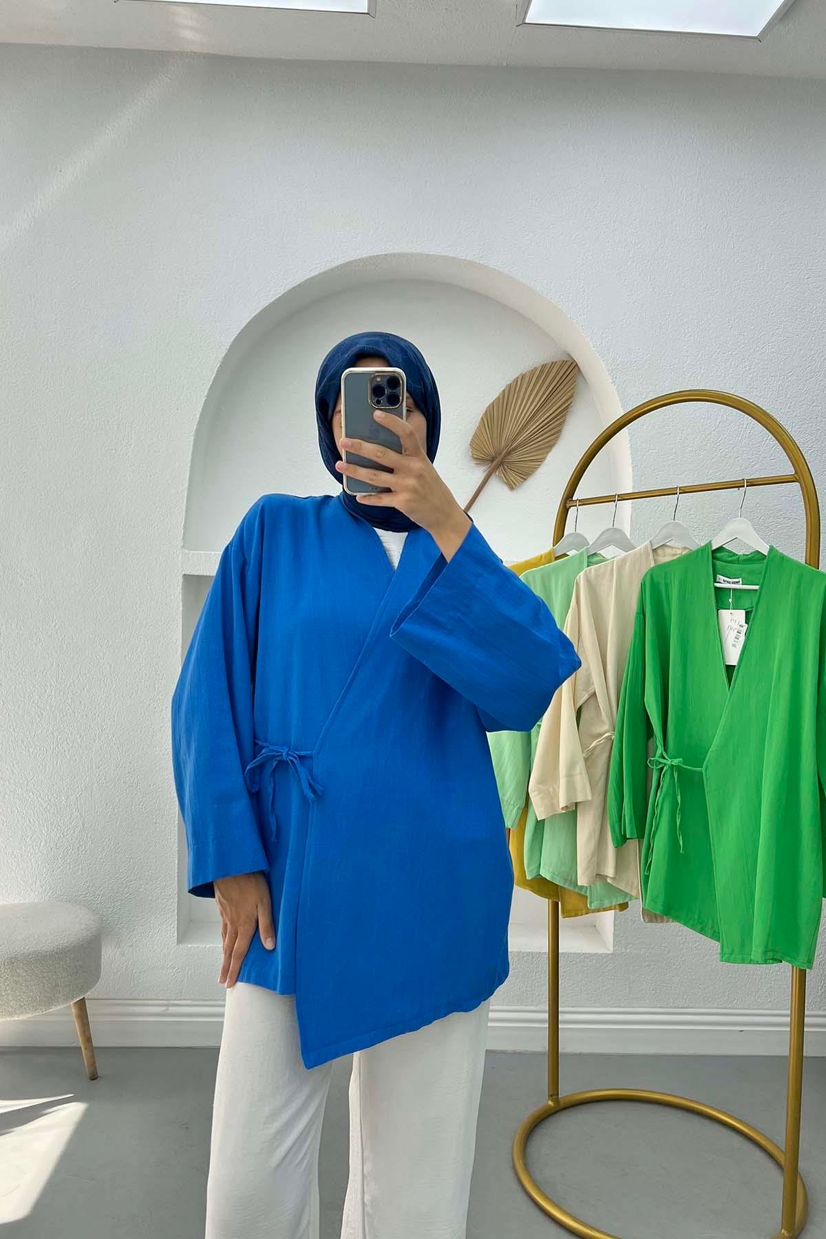 Bağlamalı Keten Kimono İndigo