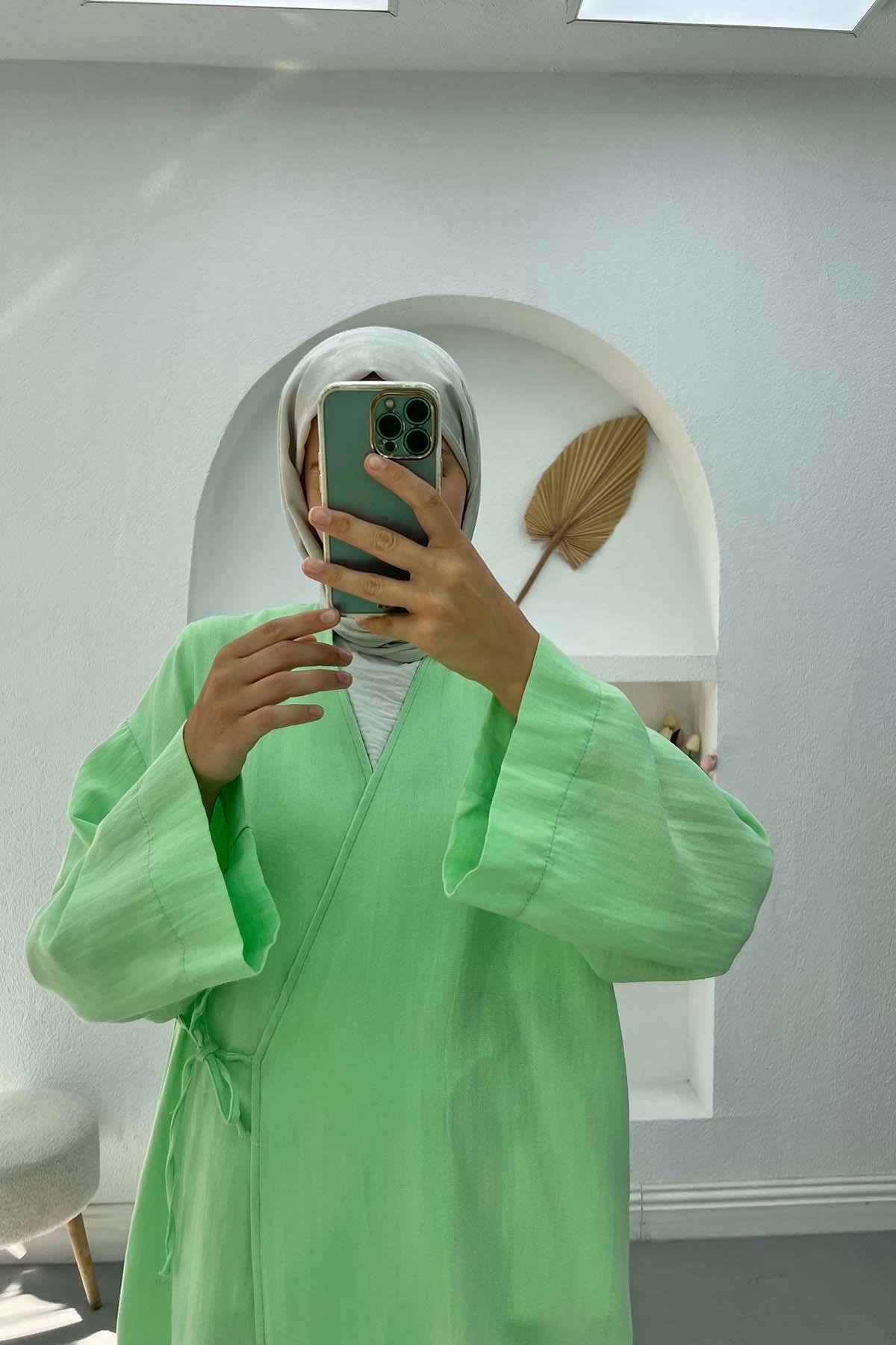 Bağlamalı Keten Kimono Su Yeşili