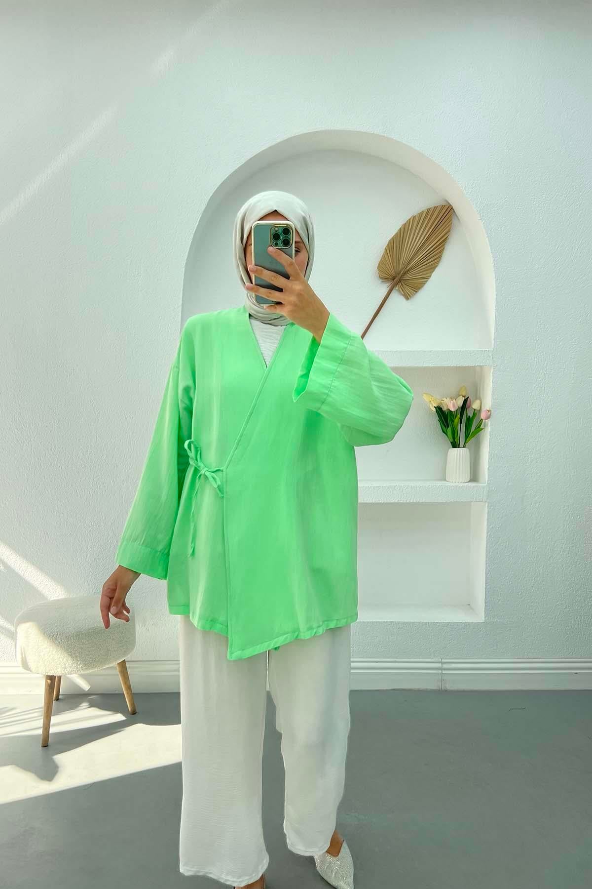 Bağlamalı Keten Kimono Su Yeşili