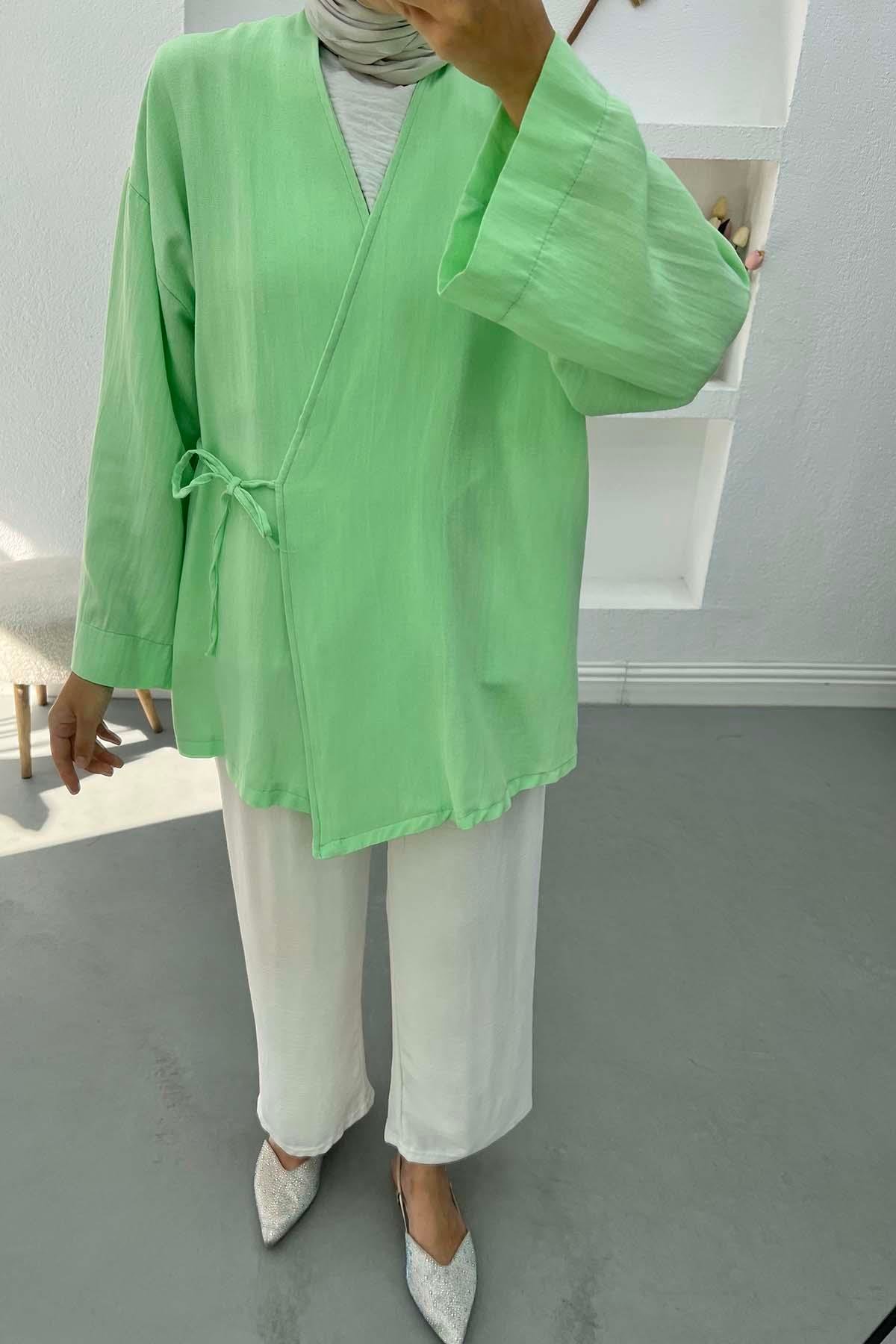 Bağlamalı Keten Kimono Su Yeşili