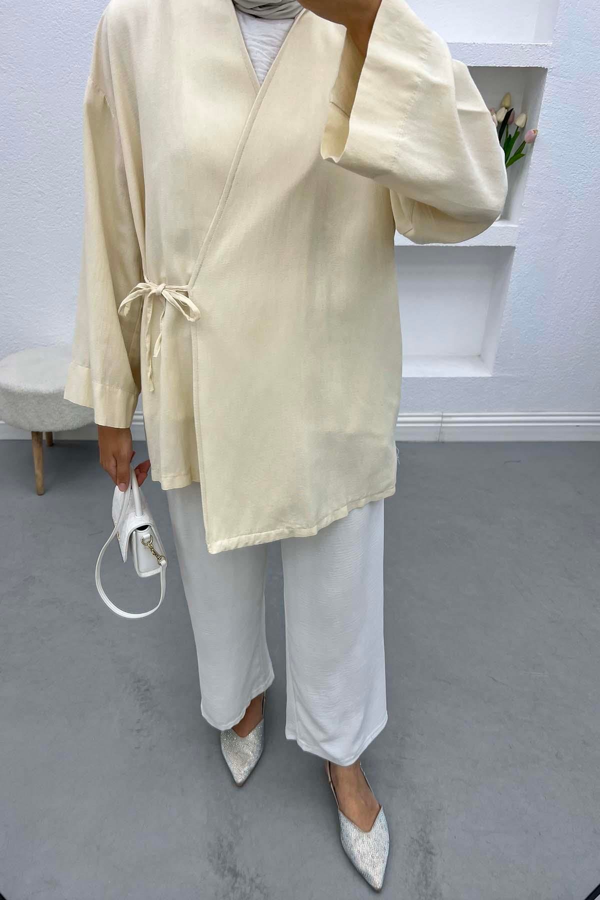 Bağlamalı Keten Kimono Taş