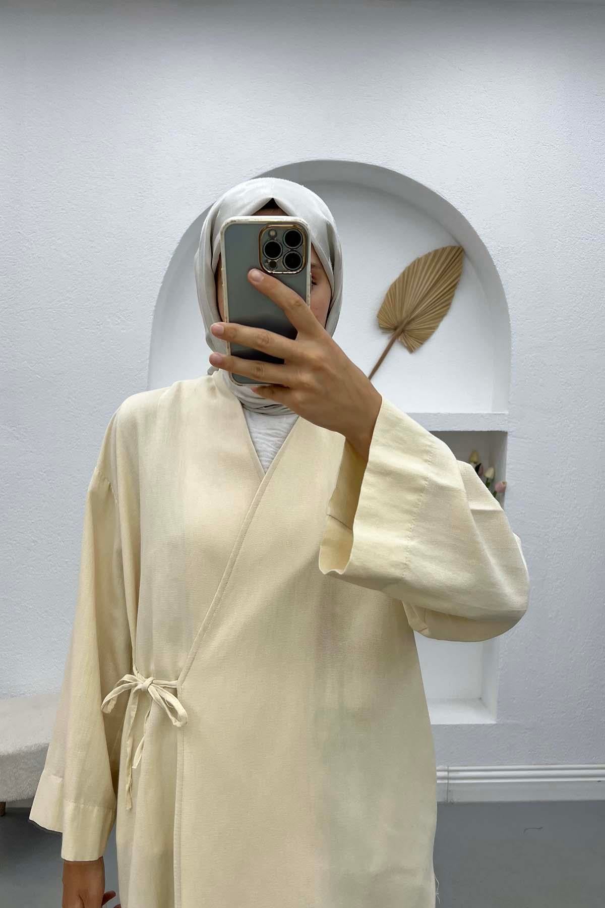 Bağlamalı Keten Kimono Taş
