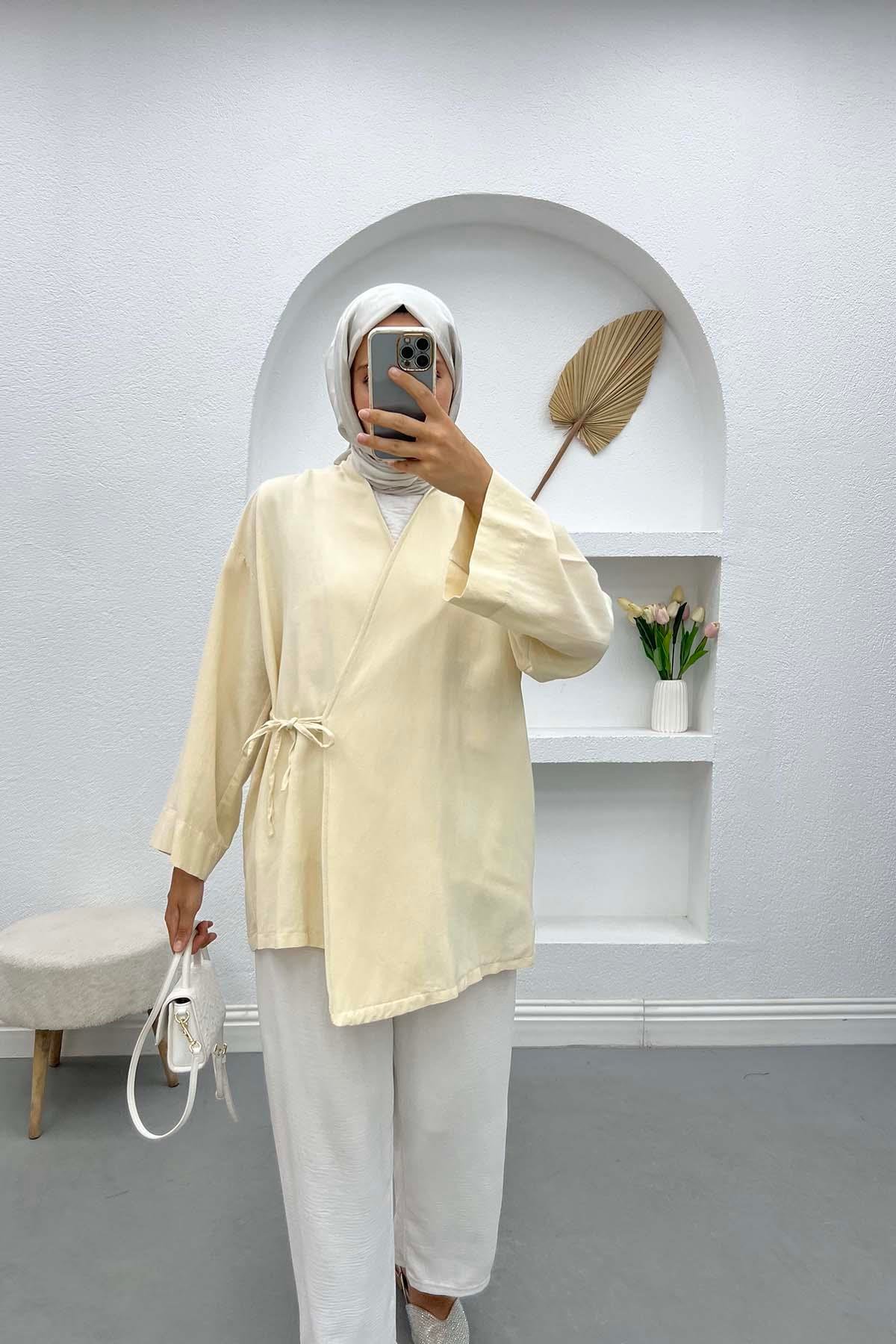 Bağlamalı Keten Kimono Taş