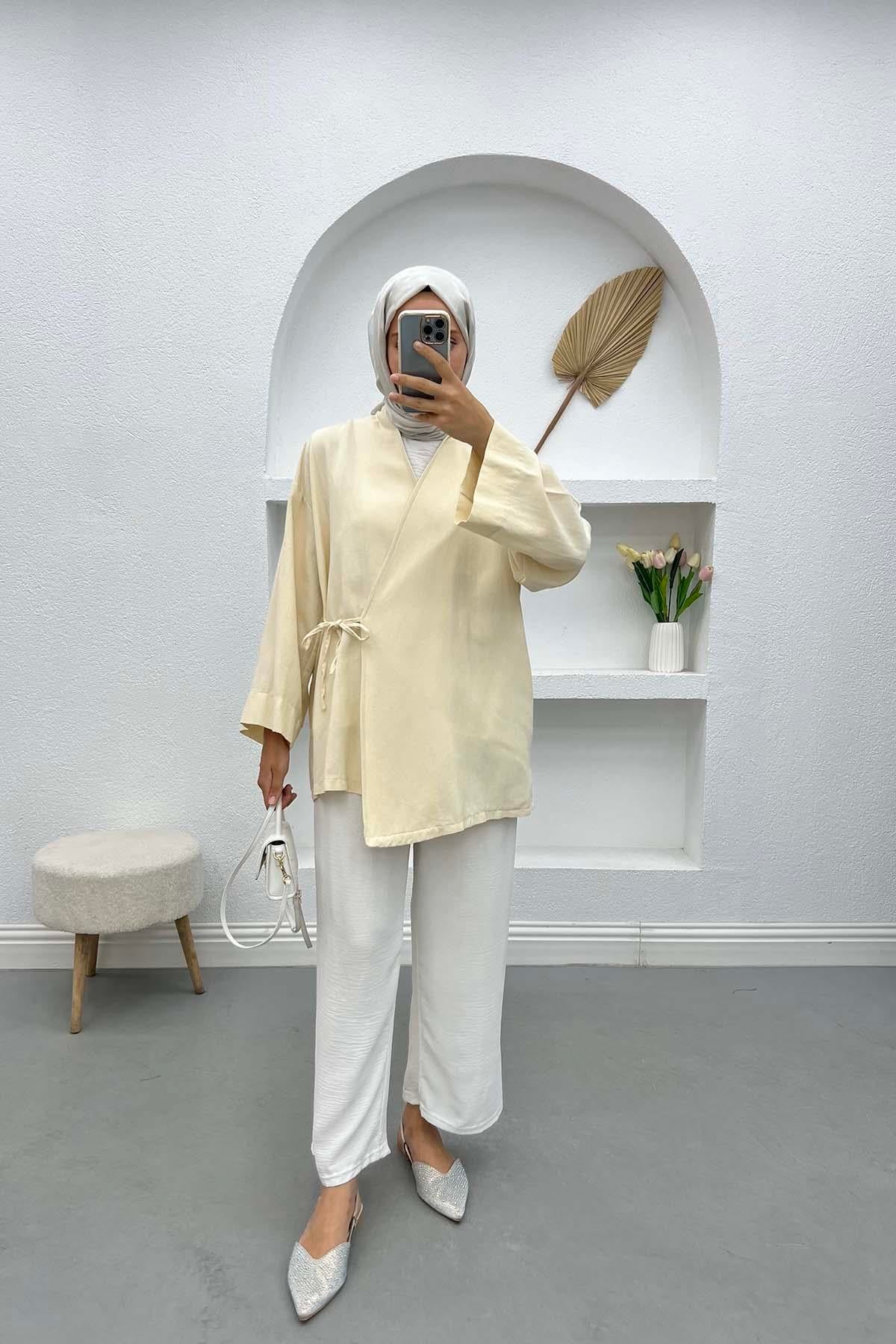 Bağlamalı Keten Kimono Taş