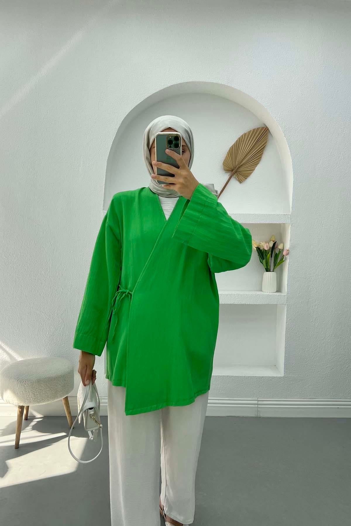 Bağlamalı Keten Kimono Yeşil