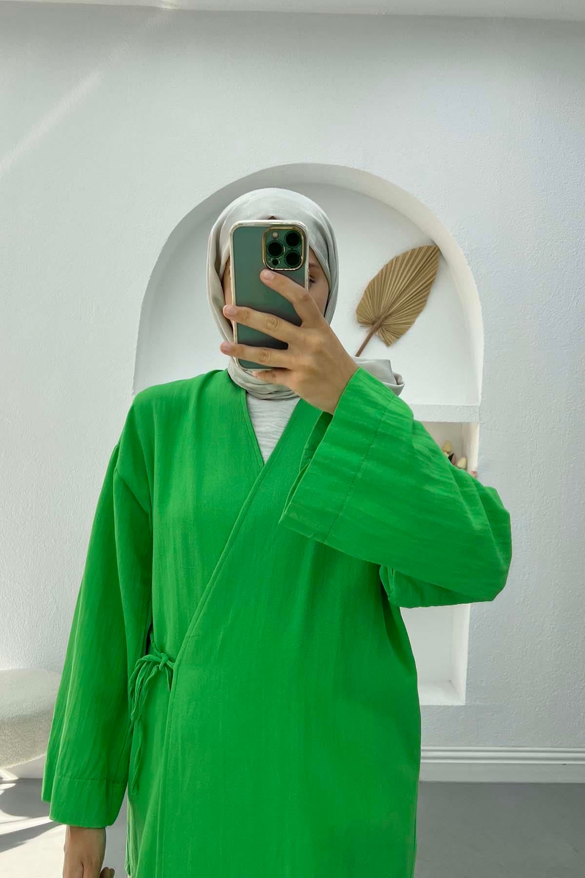 Bağlamalı Keten Kimono Yeşil