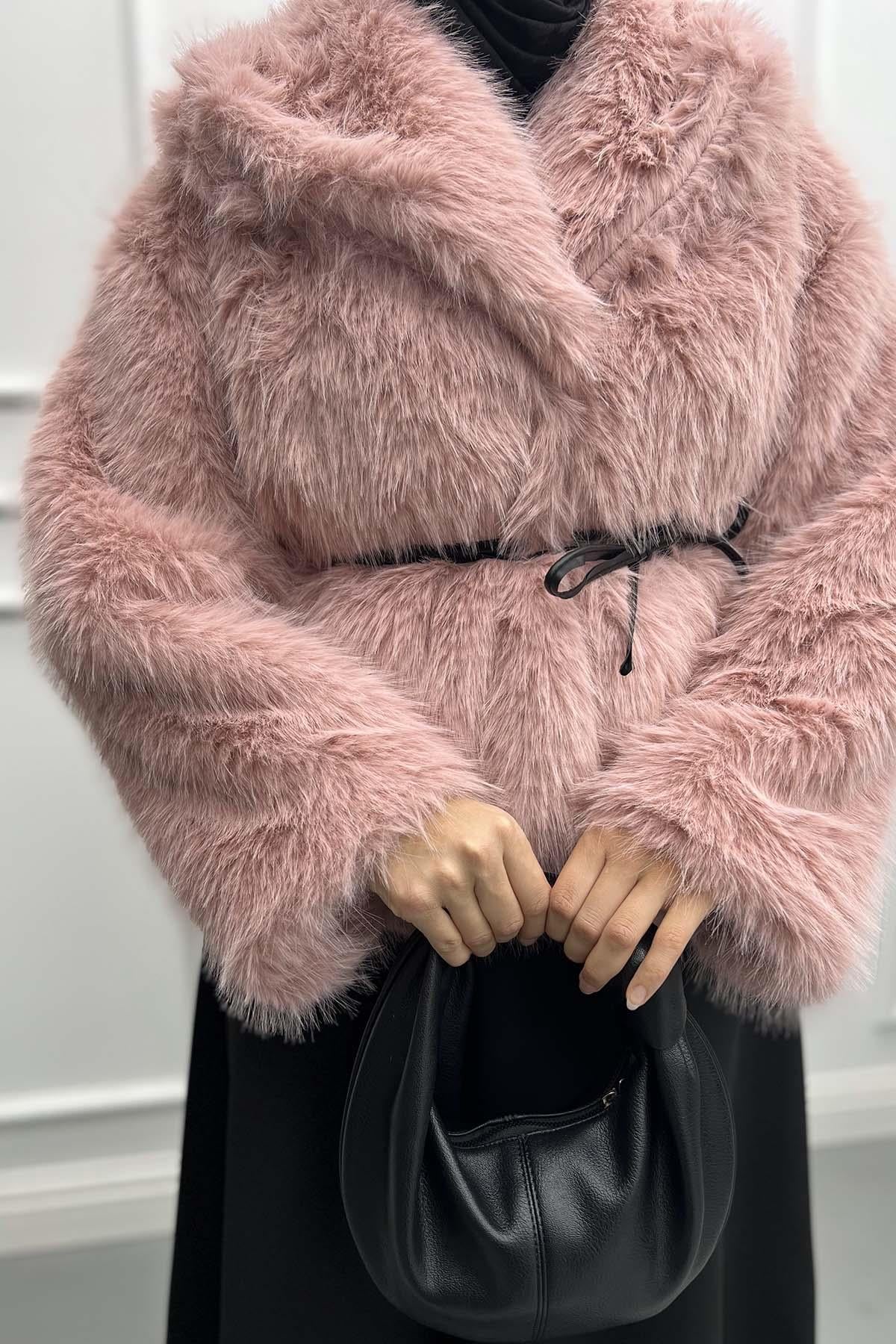 Bağlamalı Kürk Ceket Pembe
