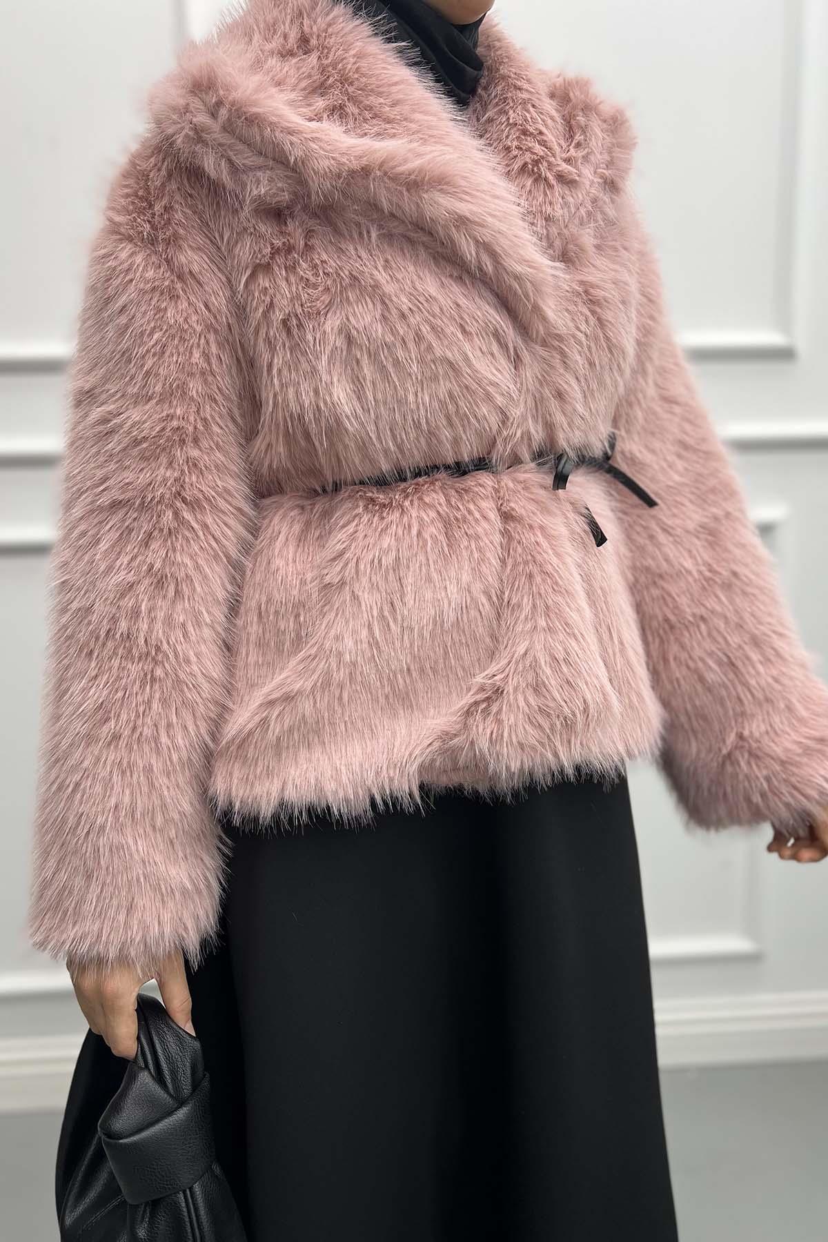 Bağlamalı Kürk Ceket Pembe
