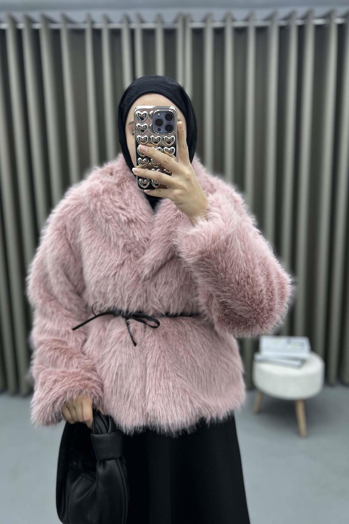 Bağlamalı Kürk Ceket Pembe