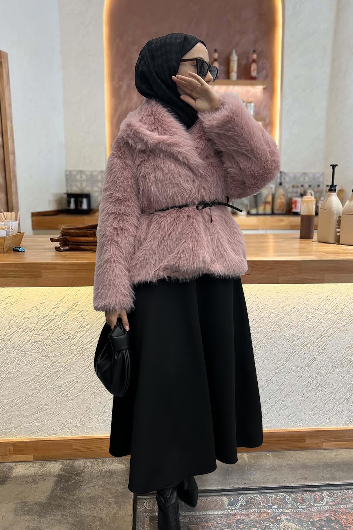 Bağlamalı Kürk Ceket Pembe