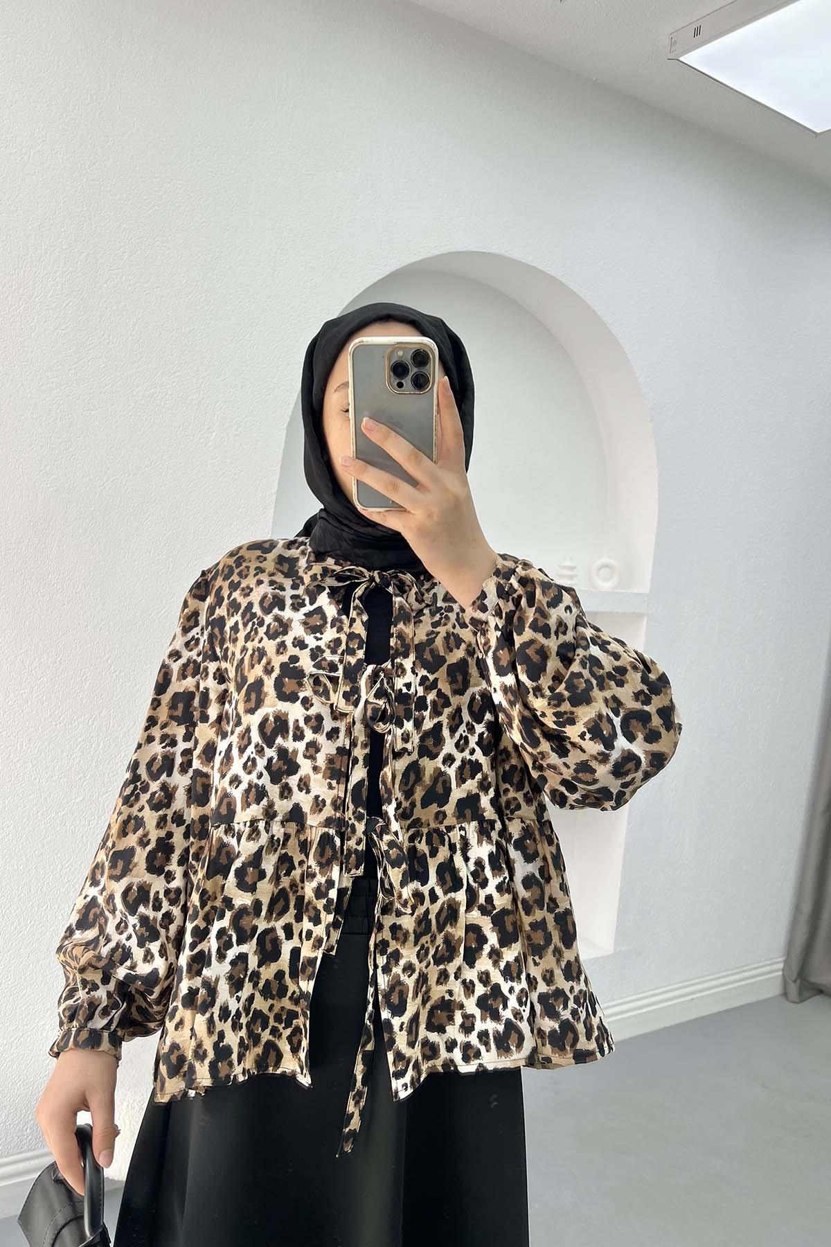 Bağlamalı Leopar Bluz Siyah