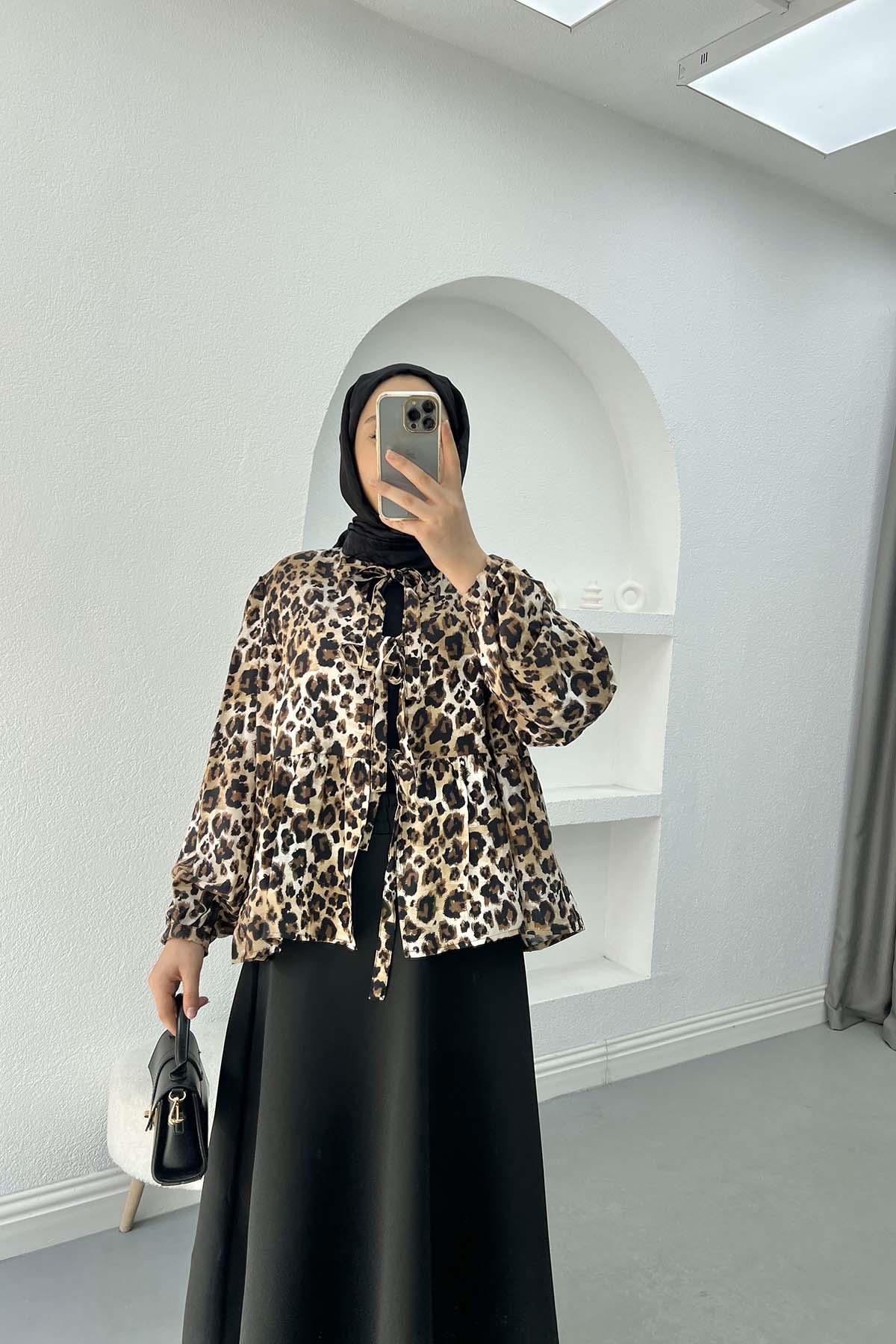 Bağlamalı Leopar Bluz Siyah