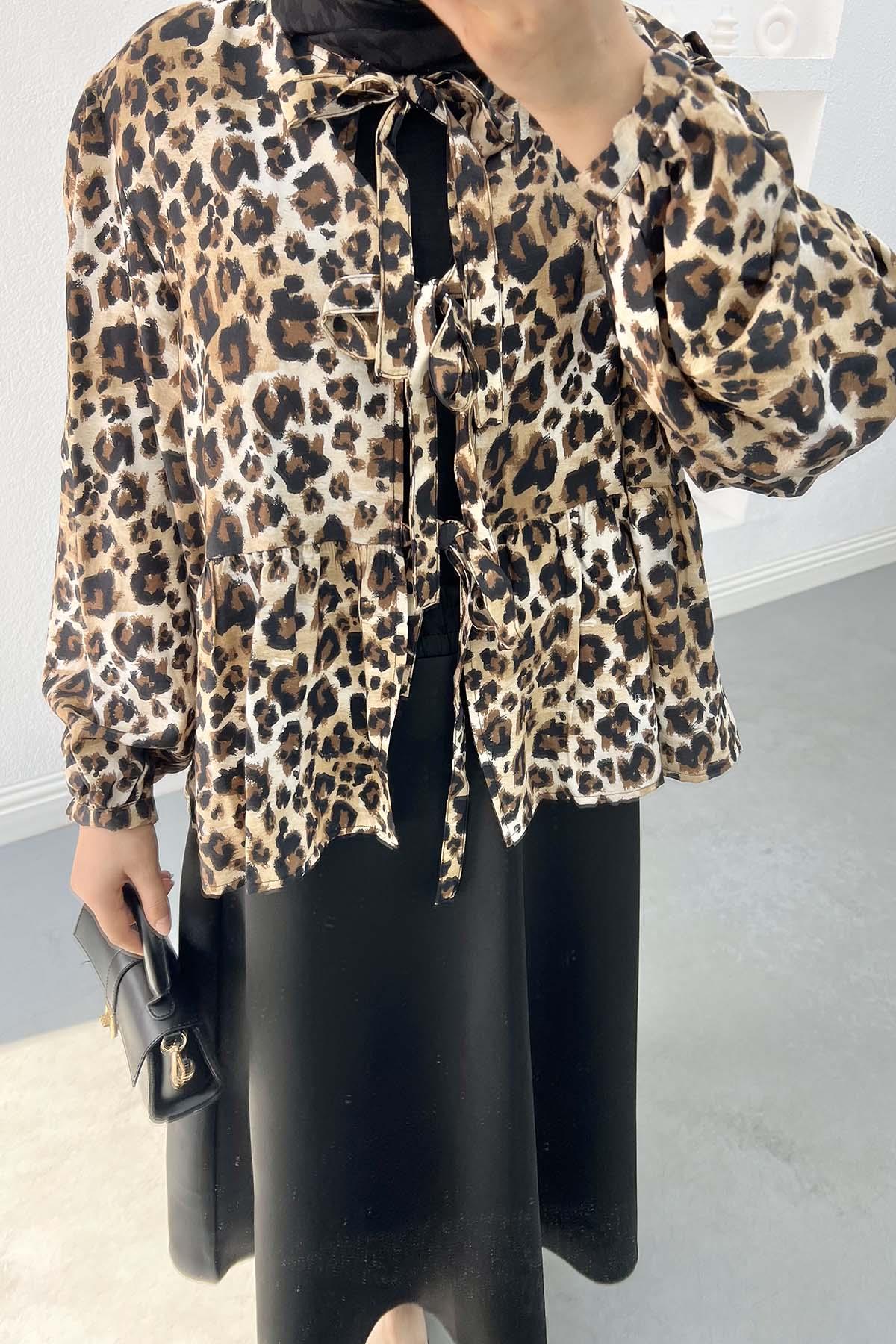 Bağlamalı Leopar Bluz Siyah