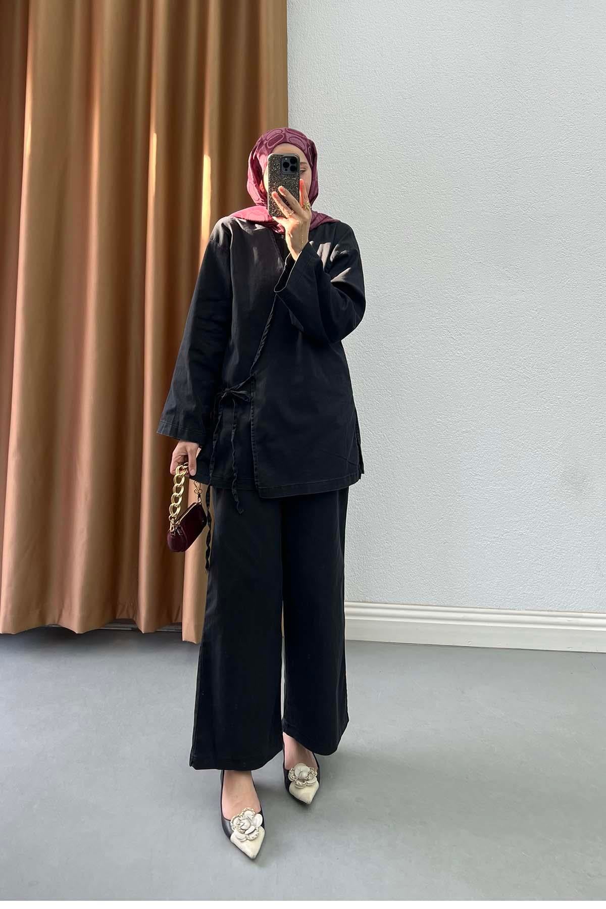 Bağlamalı V Yaka Modern Kimono Takım Antrasit