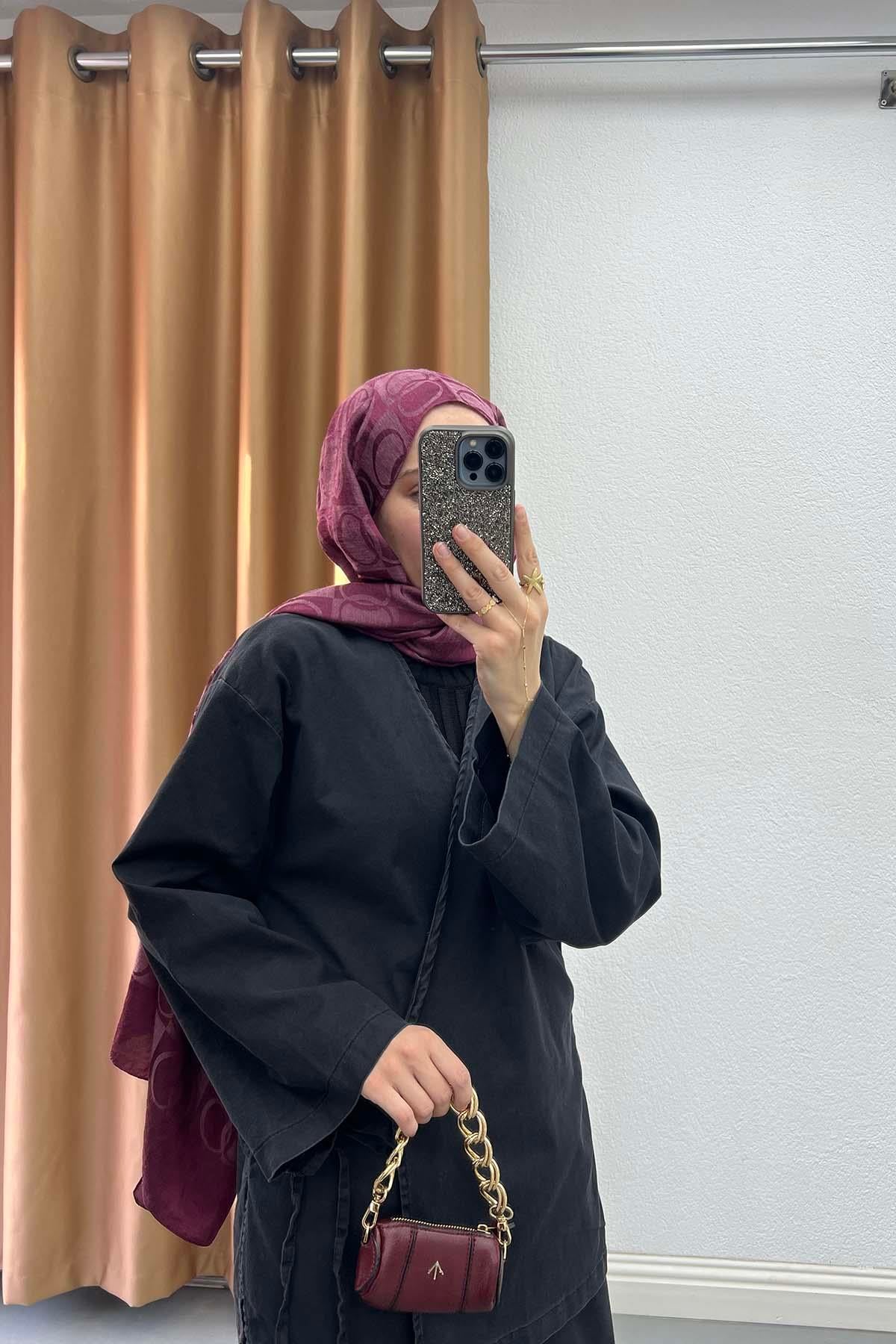 Bağlamalı V Yaka Modern Kimono Takım Antrasit