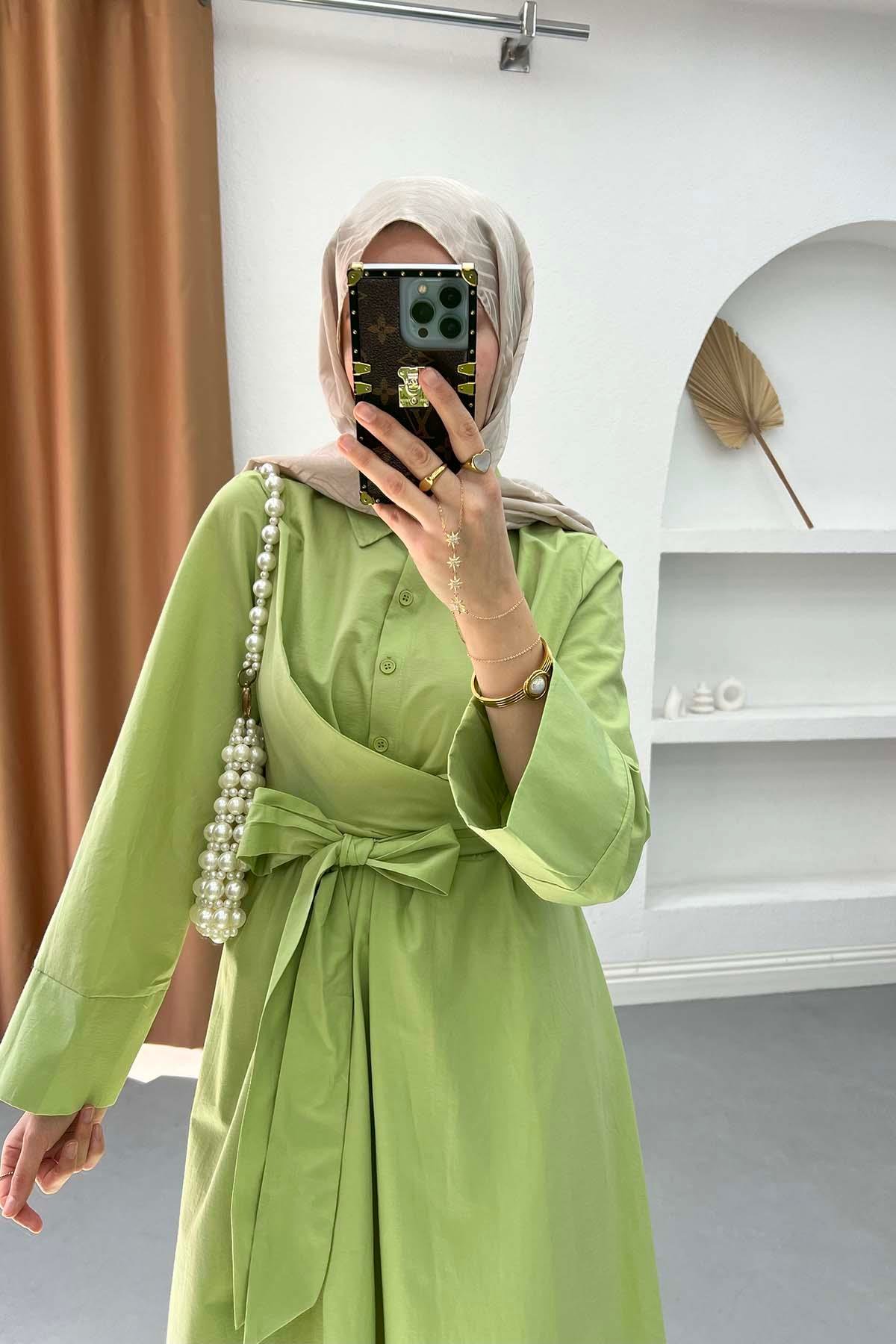 Bağlamlı Poplin Elbise Yeşil
