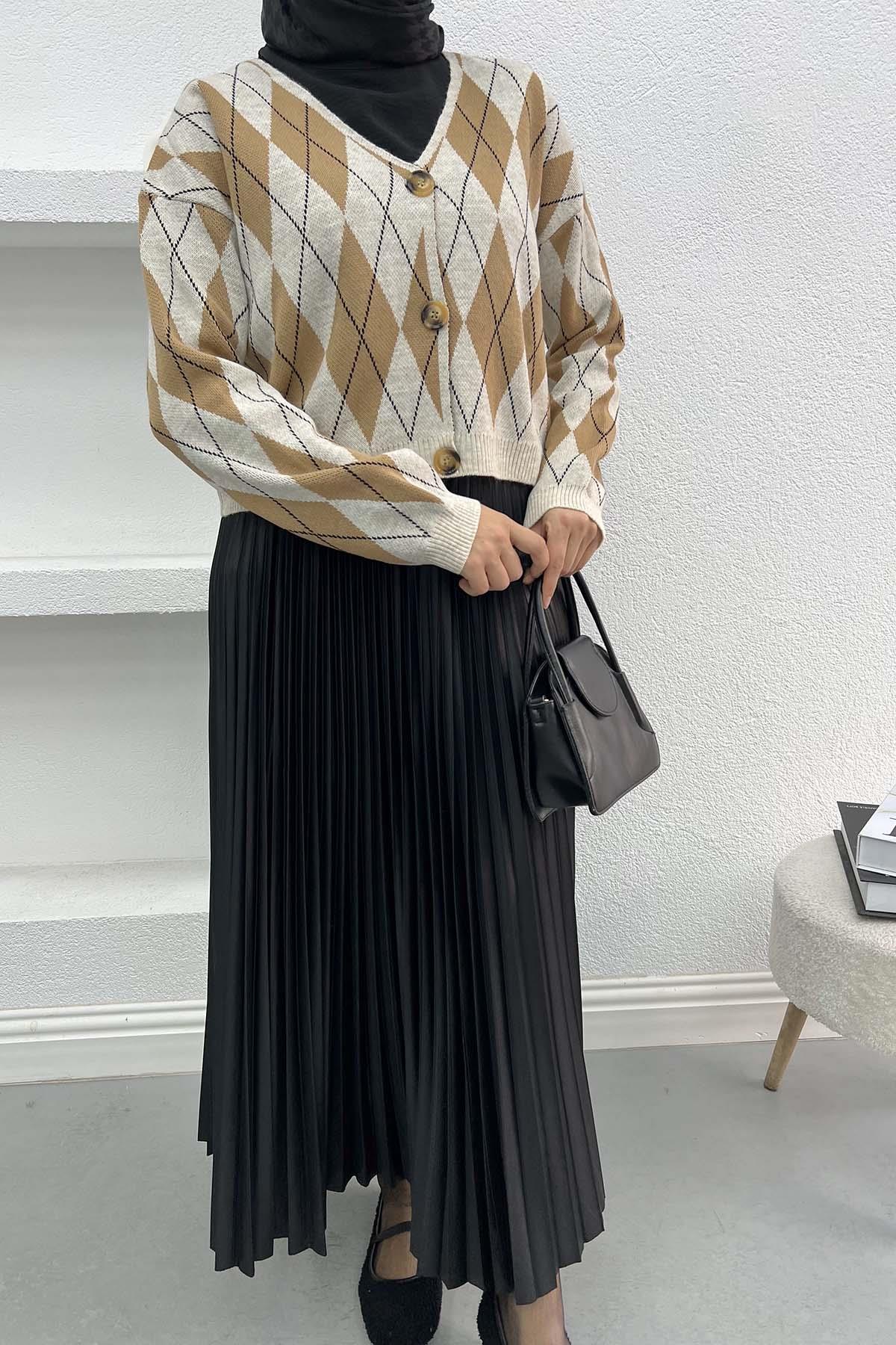 Baklava Desenli Hırka Bej