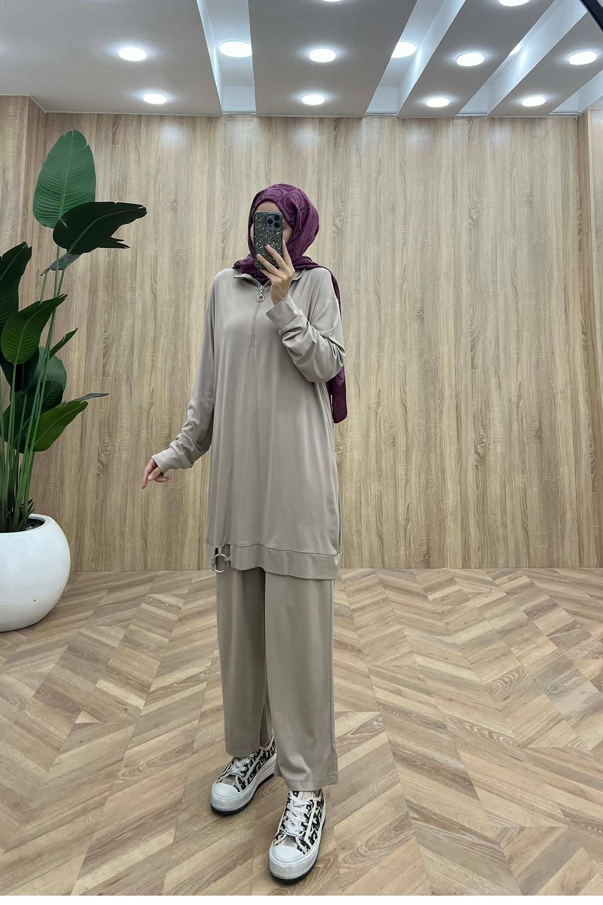 Balıkçı Yaka Casual Takım Bej