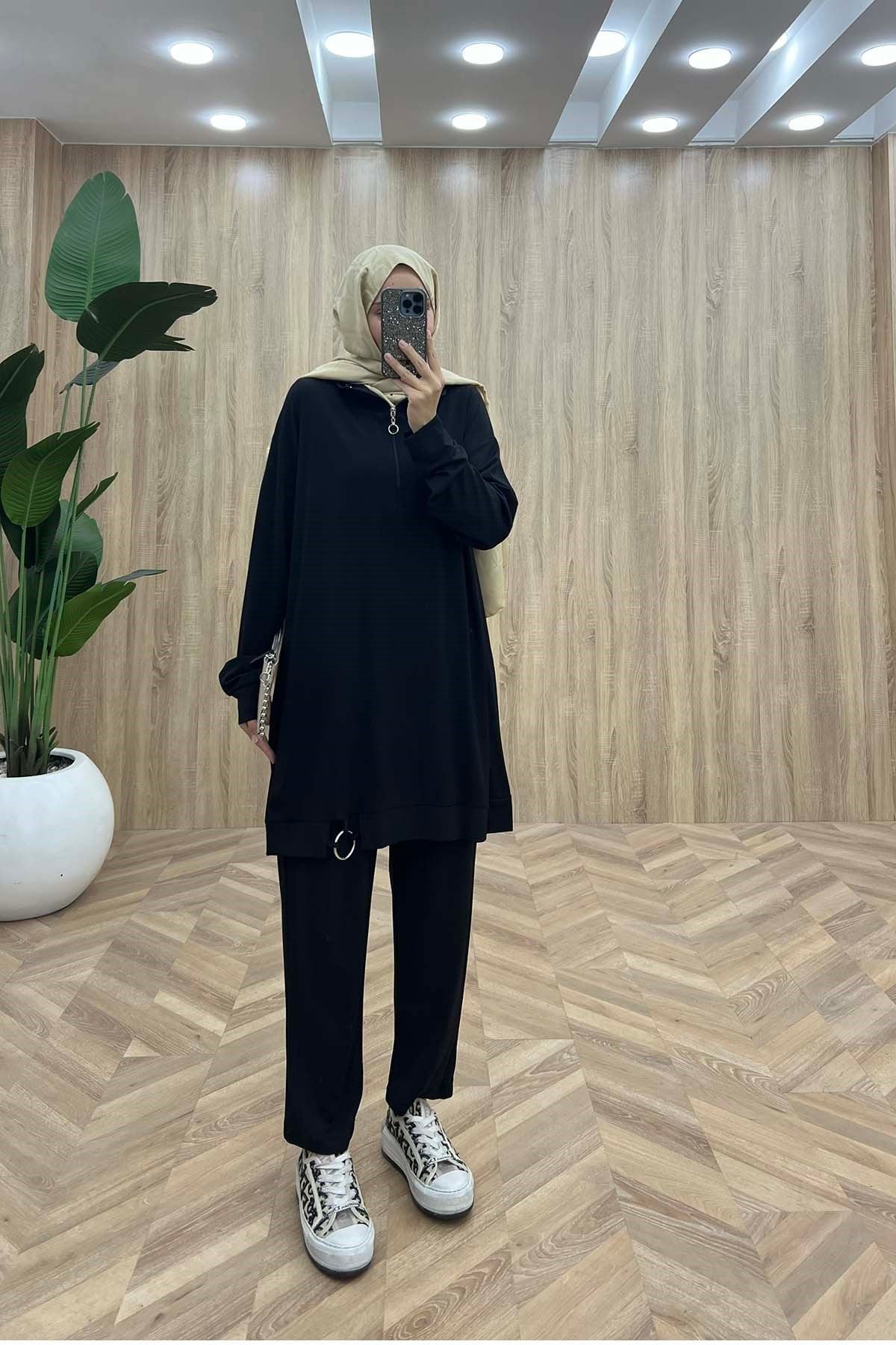 Balıkçı Yaka Casual Takım Siyah