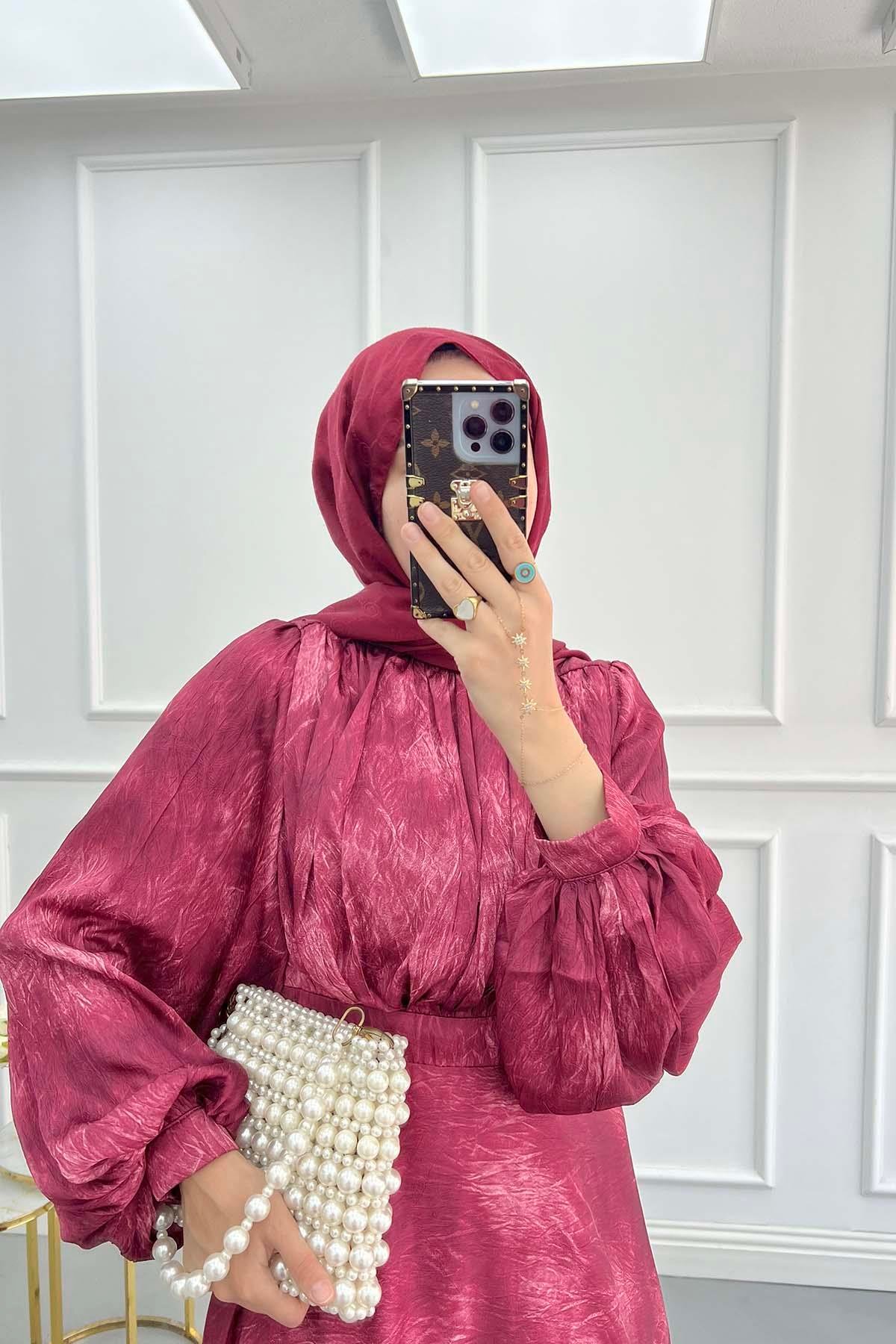 Balon Kol Desenli Astarlı Elbise Bordo
