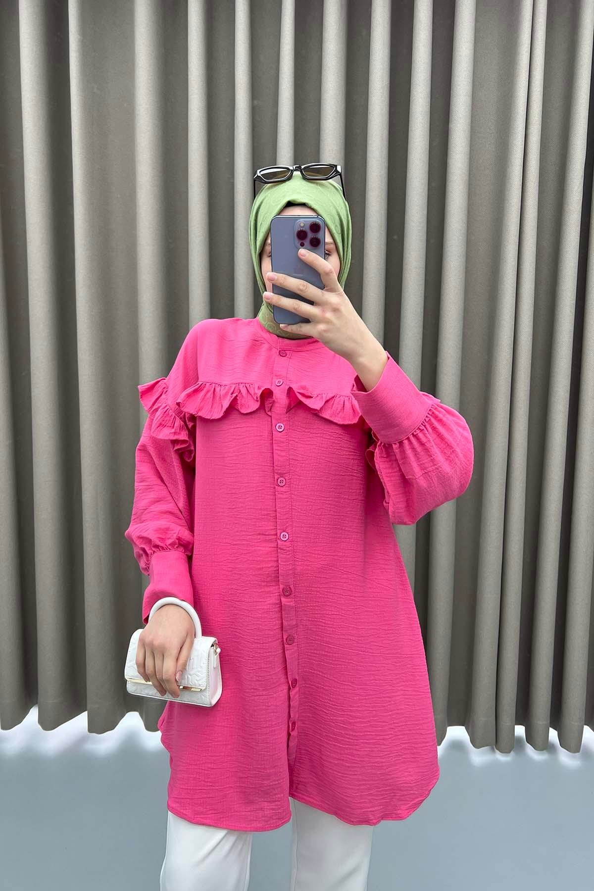 Balon Kol Fırfırlı Tunik Pembe