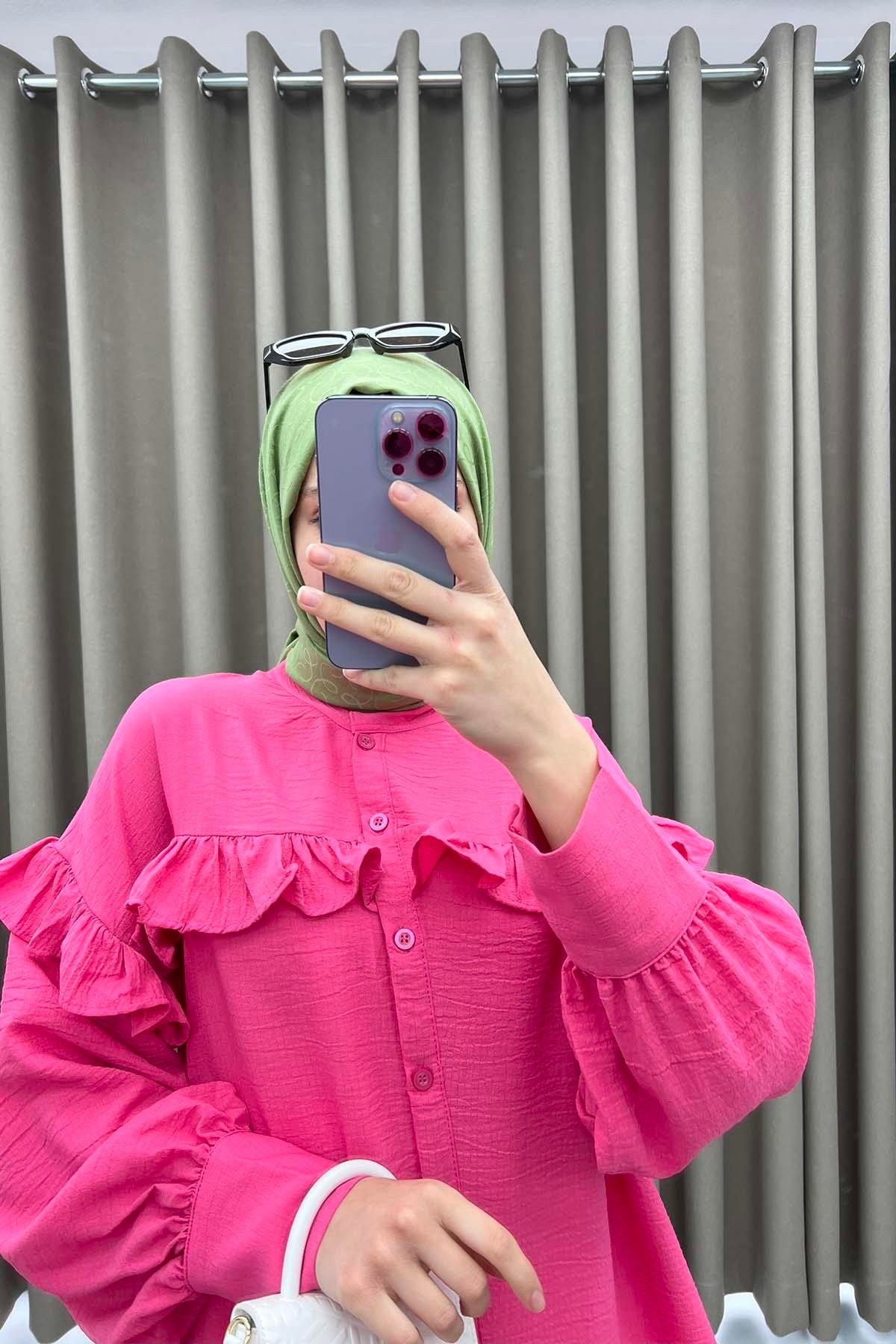 Balon Kol Fırfırlı Tunik Pembe