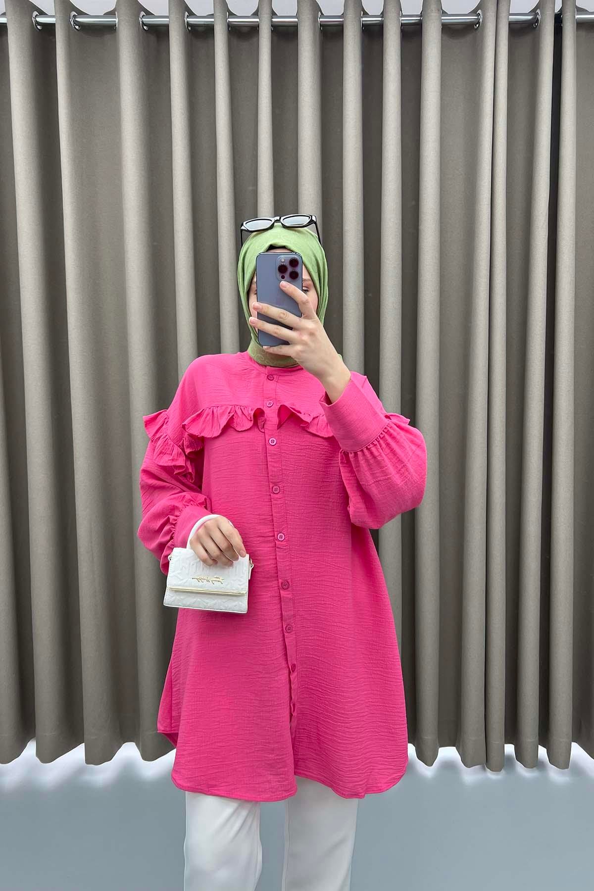 Balon Kol Fırfırlı Tunik Pembe