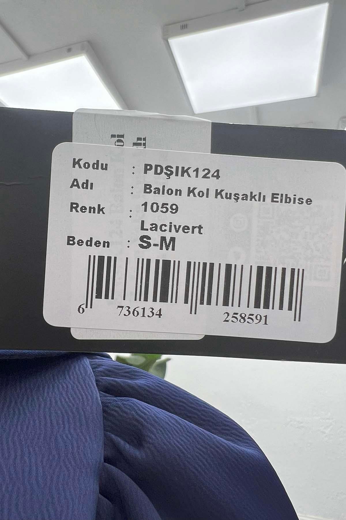 Balon Kol Kuşaklı Elbise Lacivert