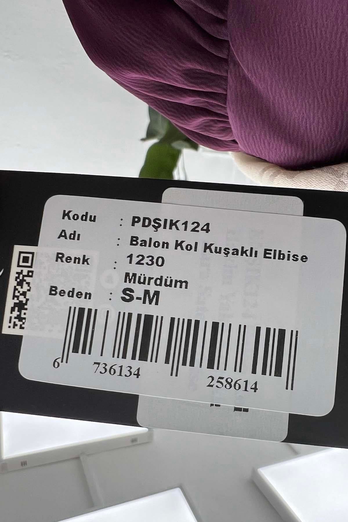 Balon Kol Kuşaklı Elbise Mürdüm