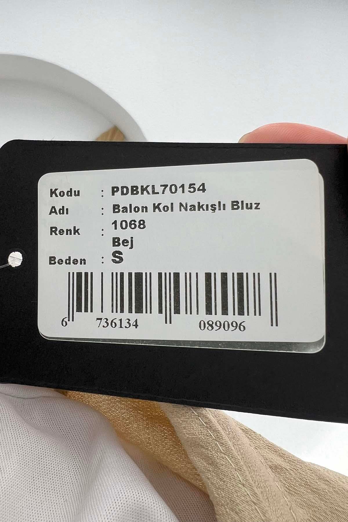 Balon Kol Nakışlı Bluz Bej