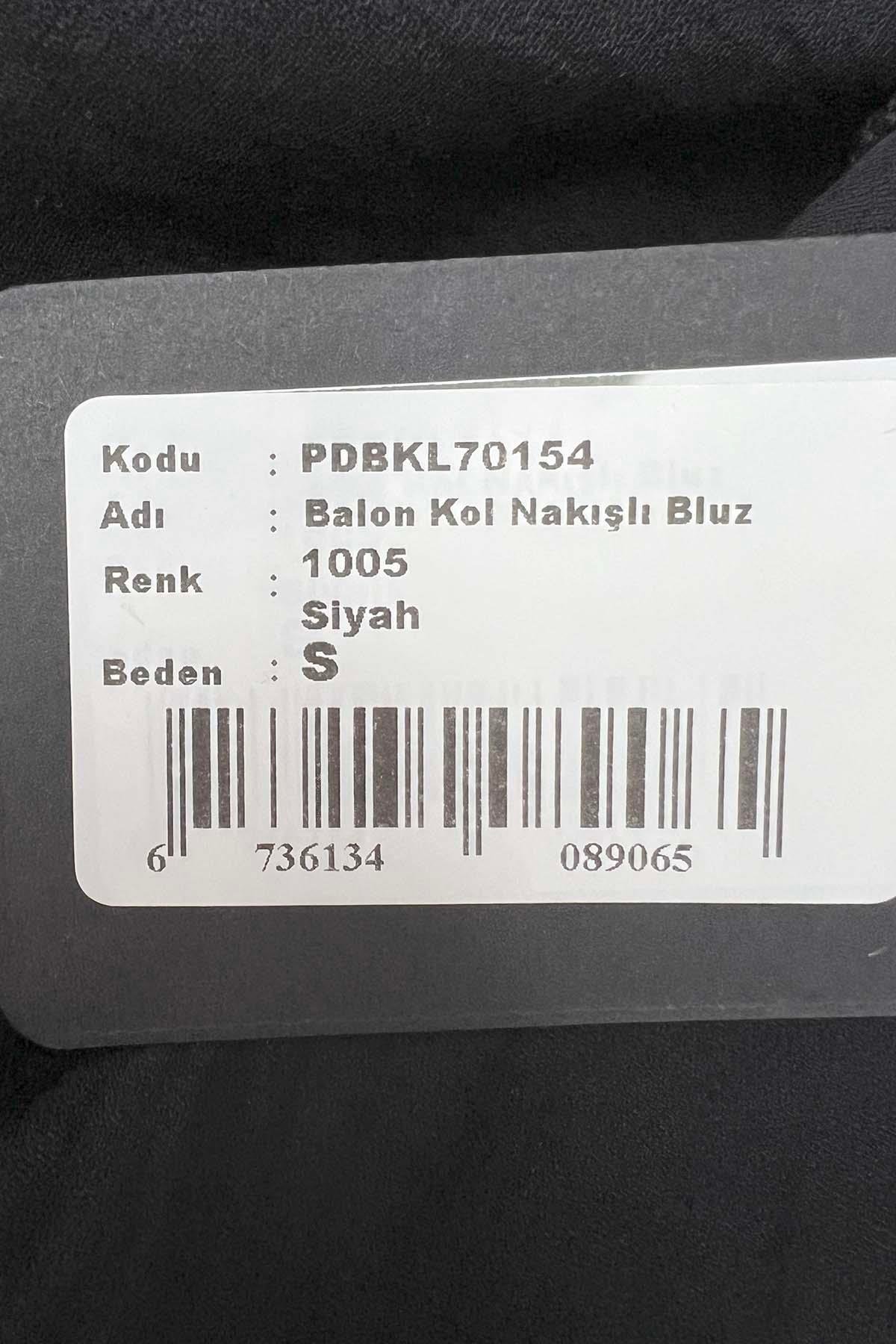 Balon Kol Nakışlı Bluz Siyah