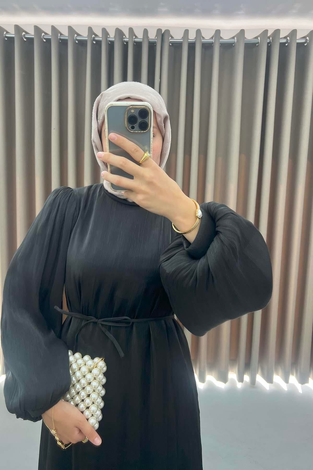Balon Kol Parlak Elbise Siyah