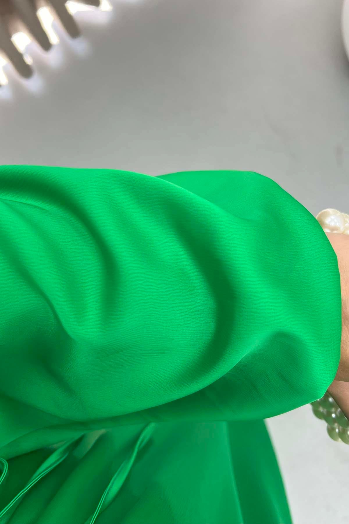 Balon Kol Saten Elbise Benetton Yeşil