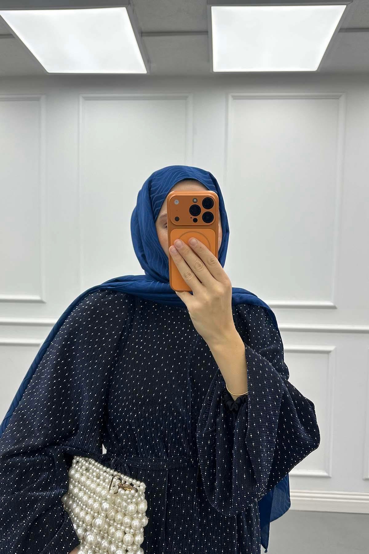Balon Kol Taşlı Kuşaklı (Astarlı) Elbise Lacivert