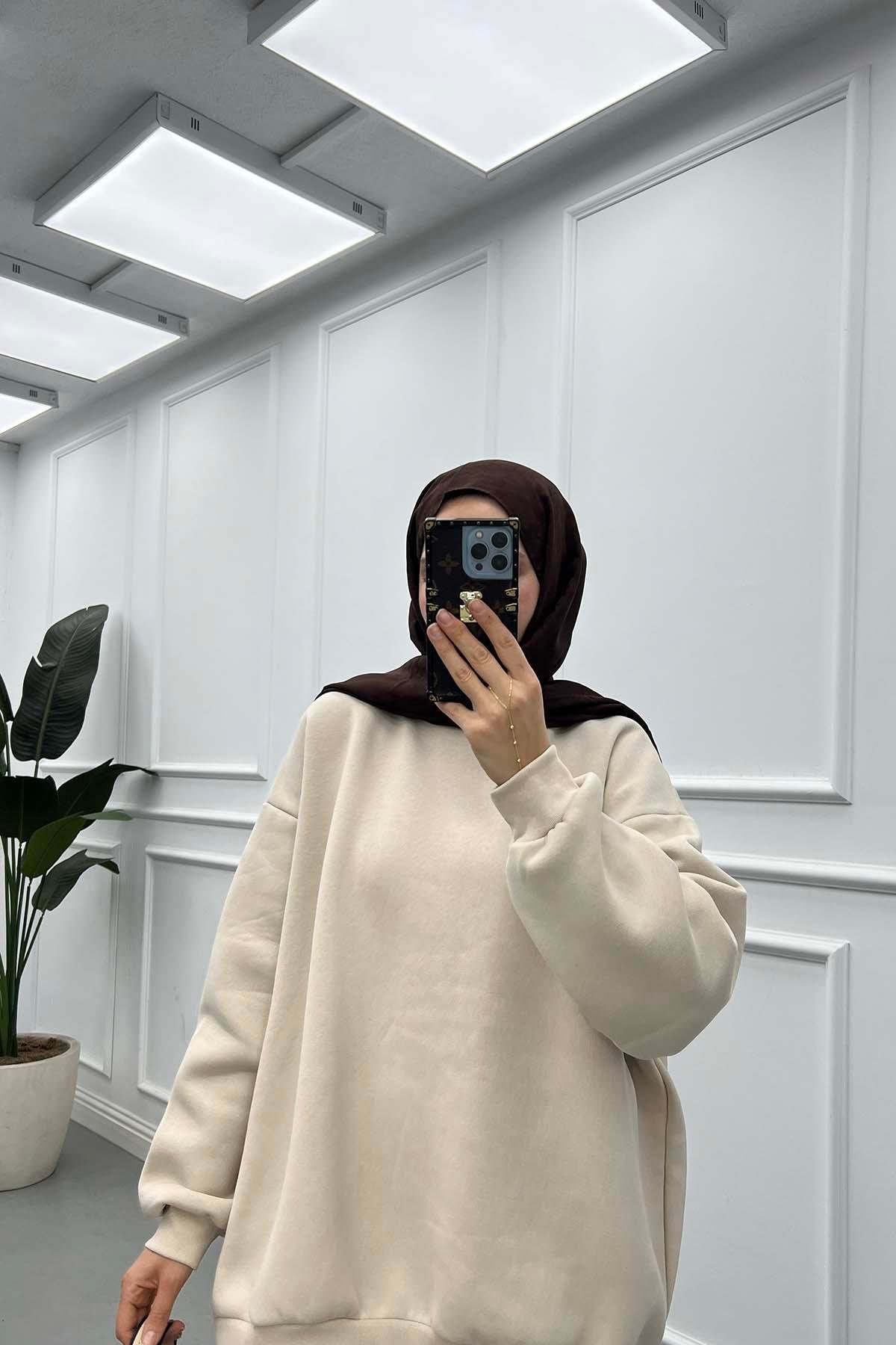 Basic Üç İplik Şardonlu Sweat Bej