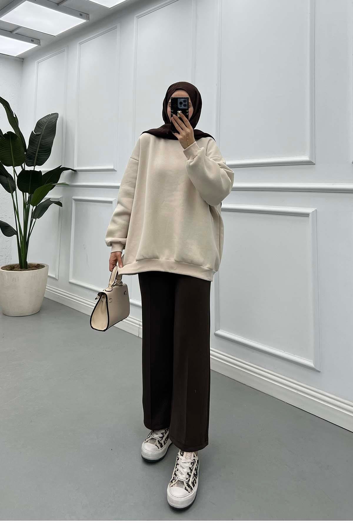Basic Üç İplik Şardonlu Sweat Bej