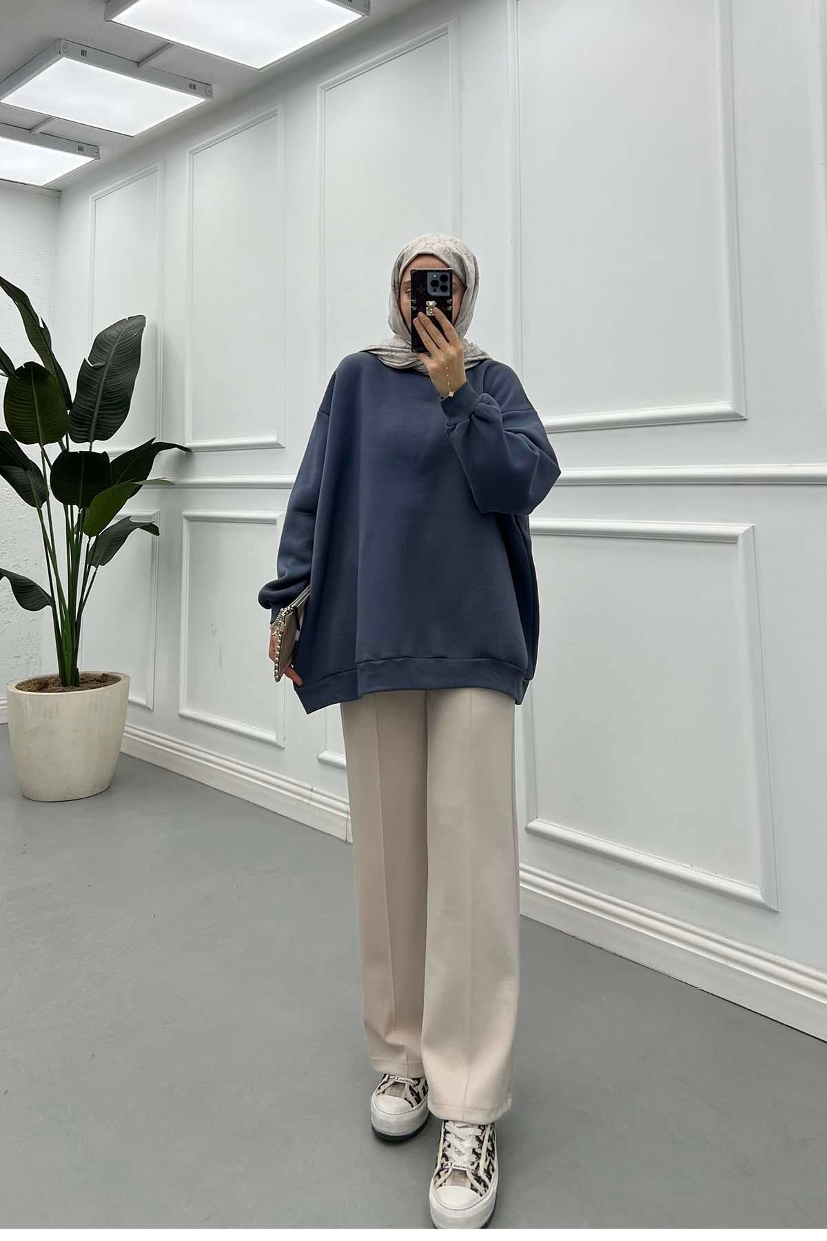 Basic Üç İplik Şardonlu Sweat Sisli Mavi