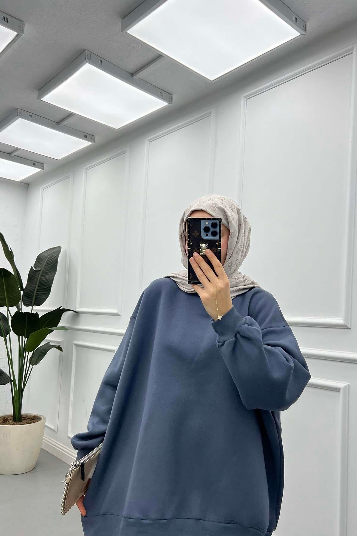 Basic Üç İplik Şardonlu Sweat Sisli Mavi