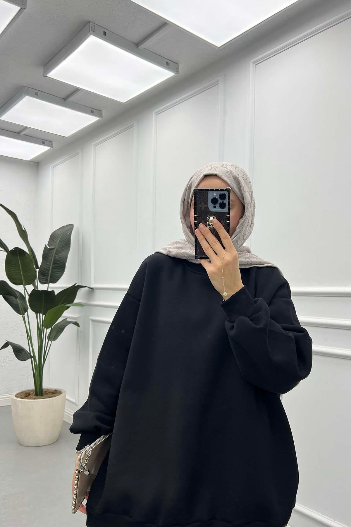 Basic Üç İplik Şardonlu Sweat Siyah