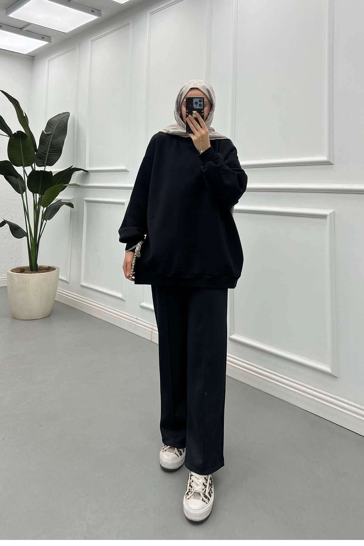 Basic Üç İplik Şardonlu Sweat Siyah