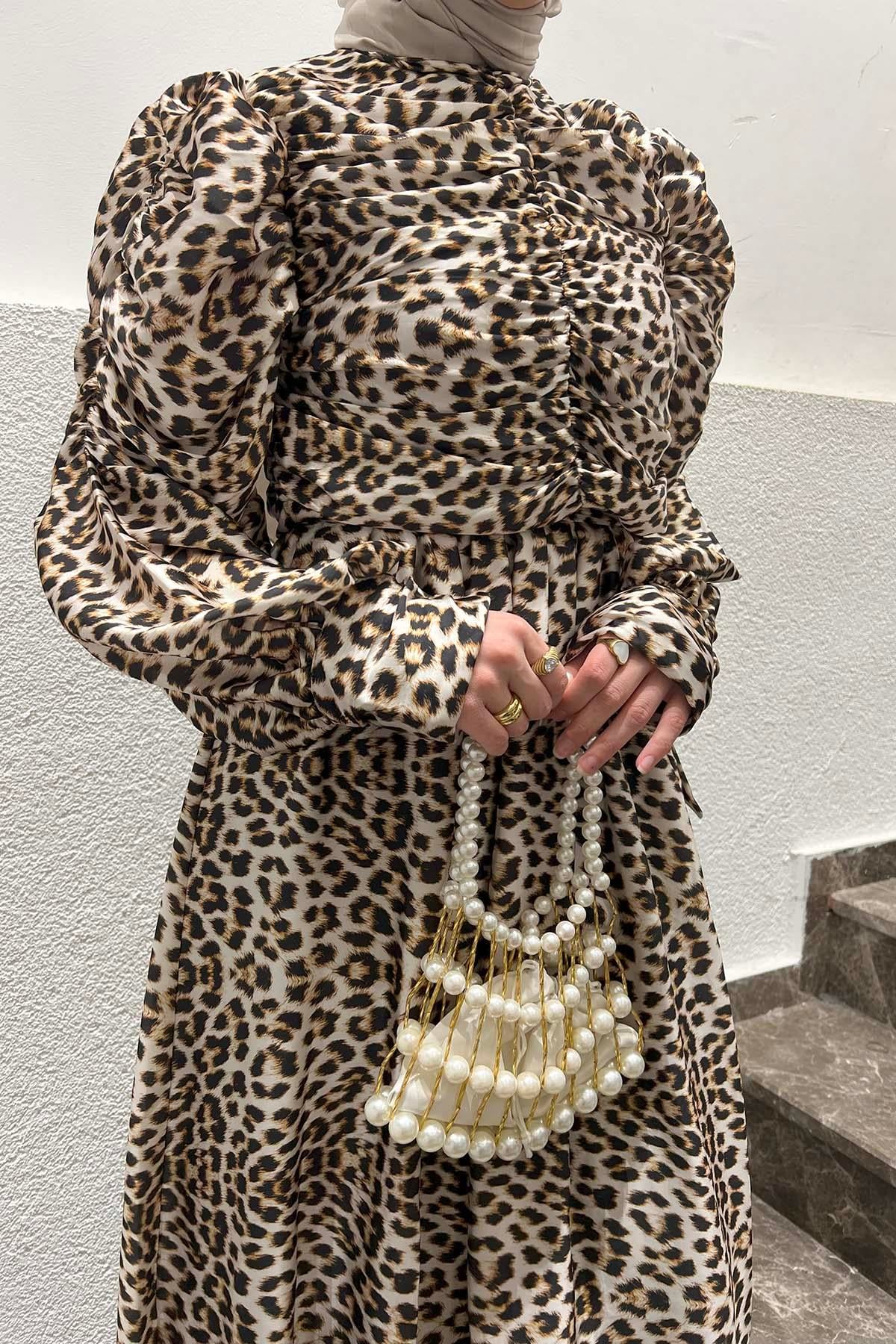 Baskılı Saten Elbise Leopar