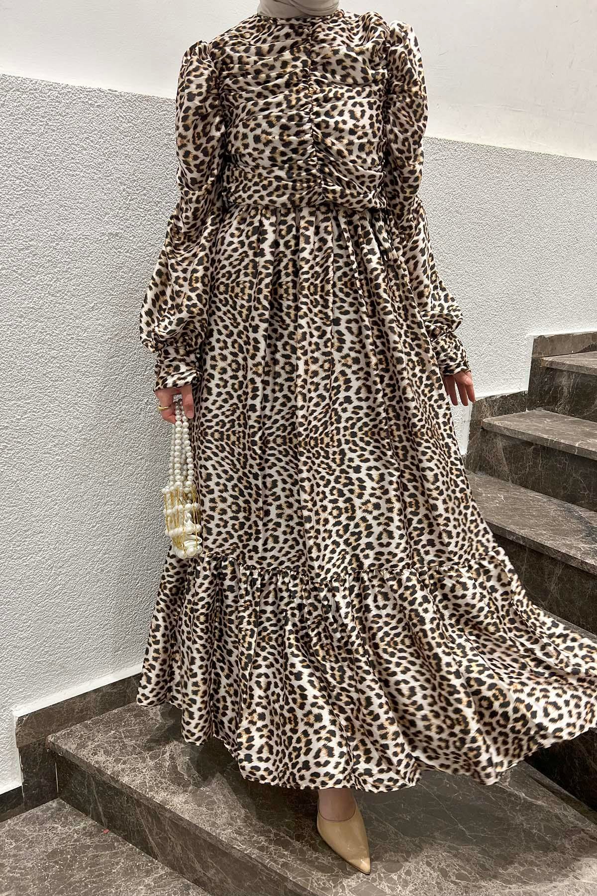 Baskılı Saten Elbise Leopar