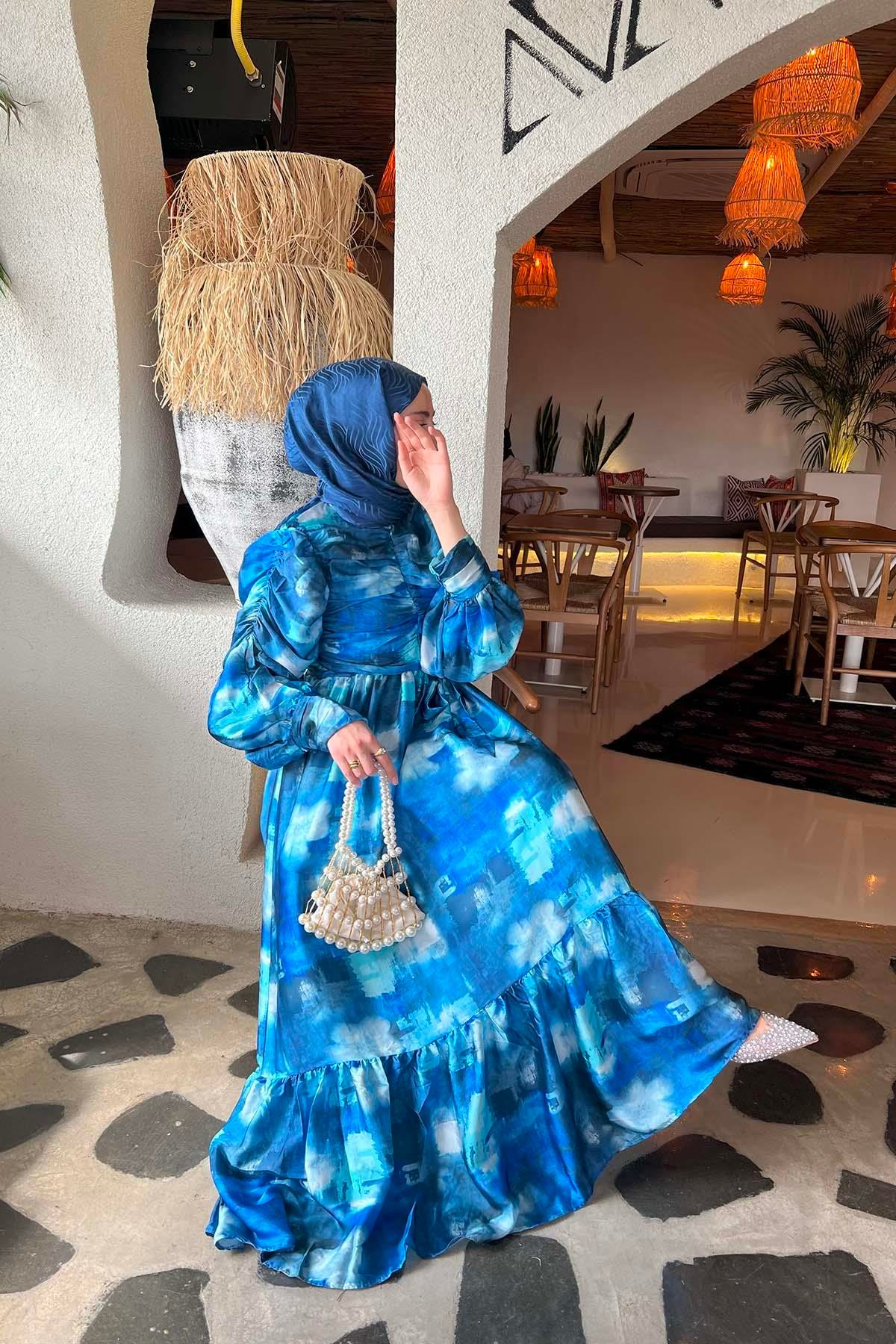 Baskılı Saten Elbise Mavi