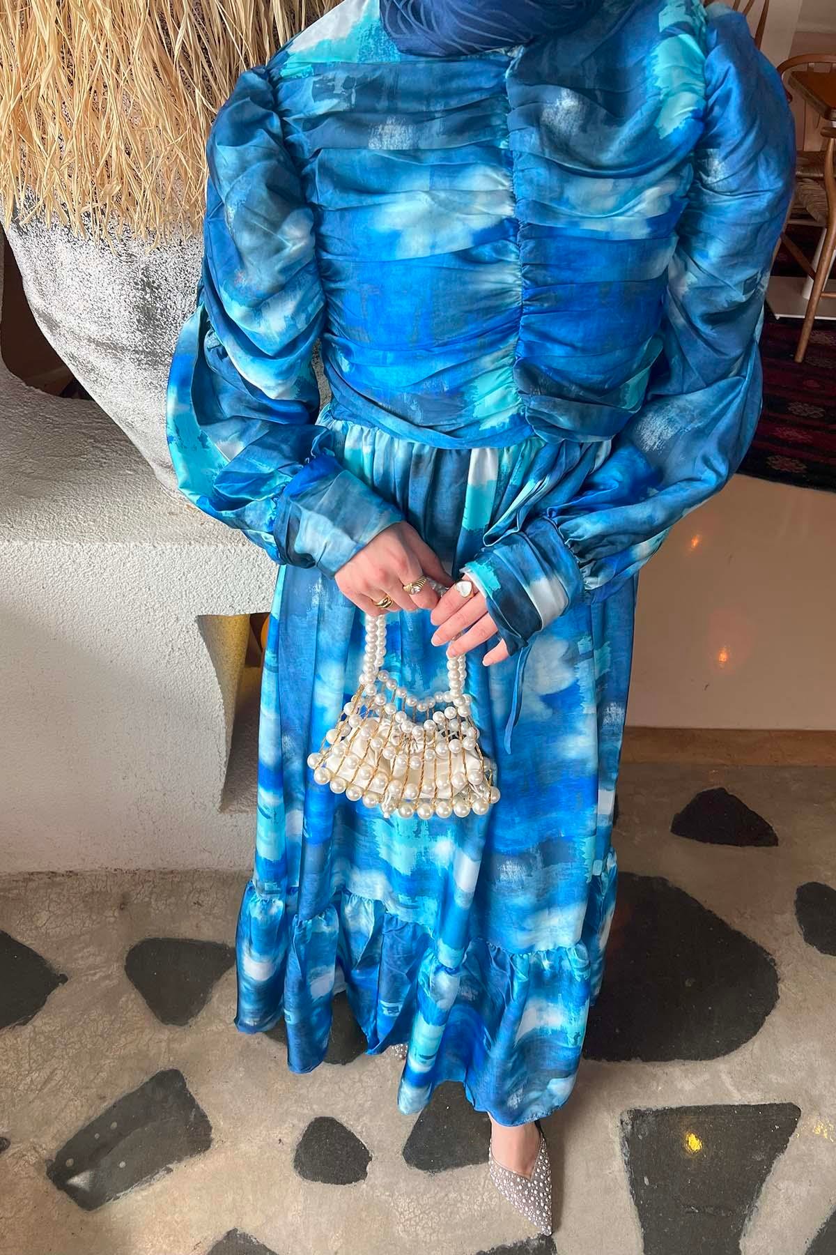 Baskılı Saten Elbise Mavi