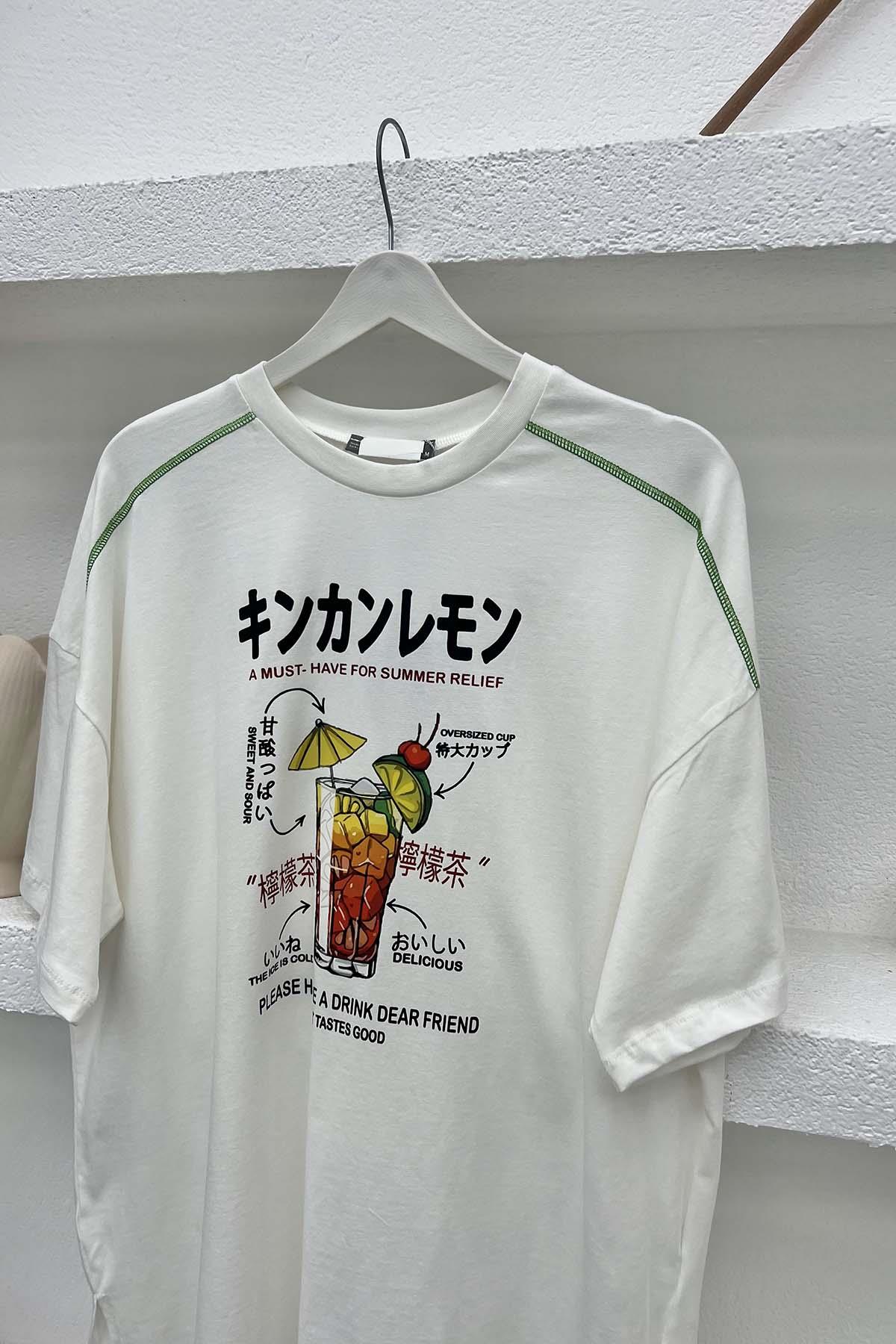 Baskılı T-Shirt Krem