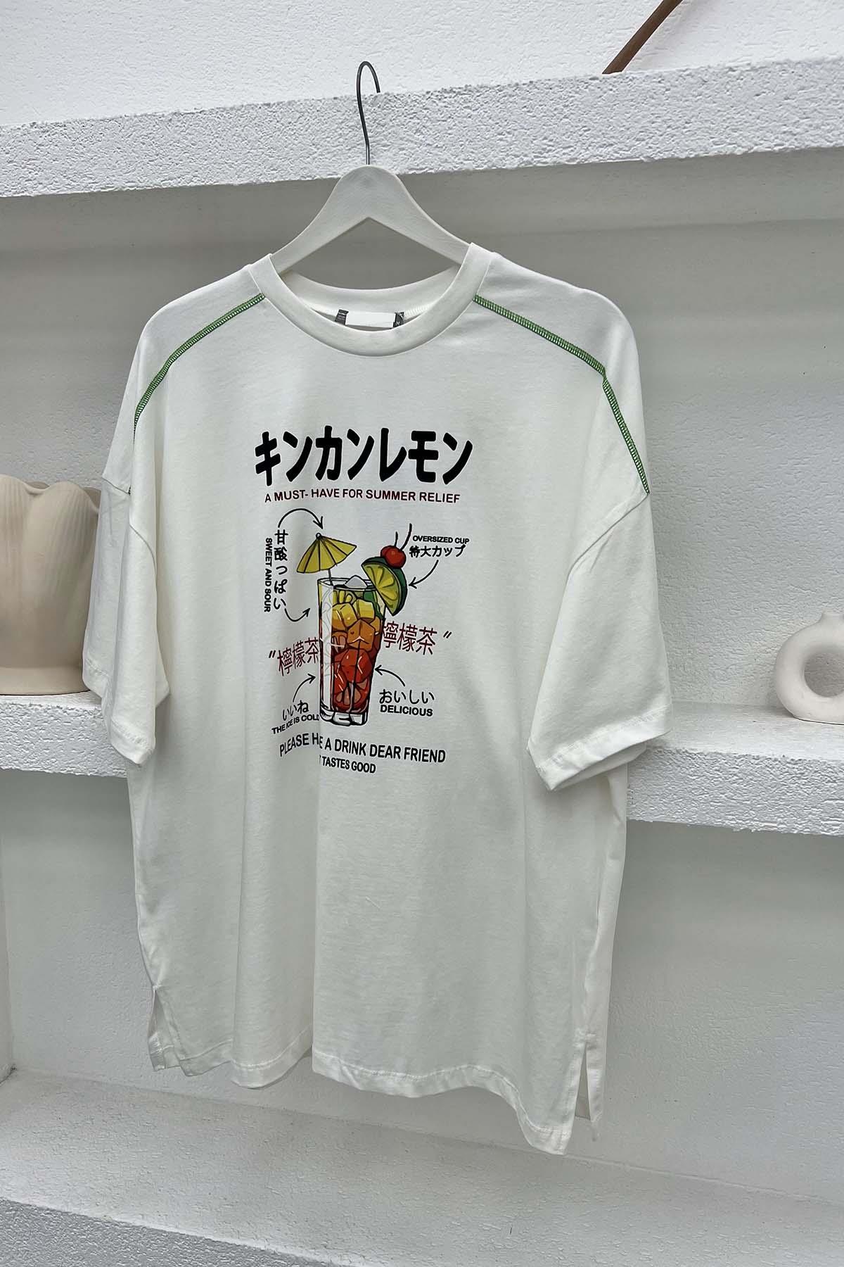 Baskılı T-Shirt Krem