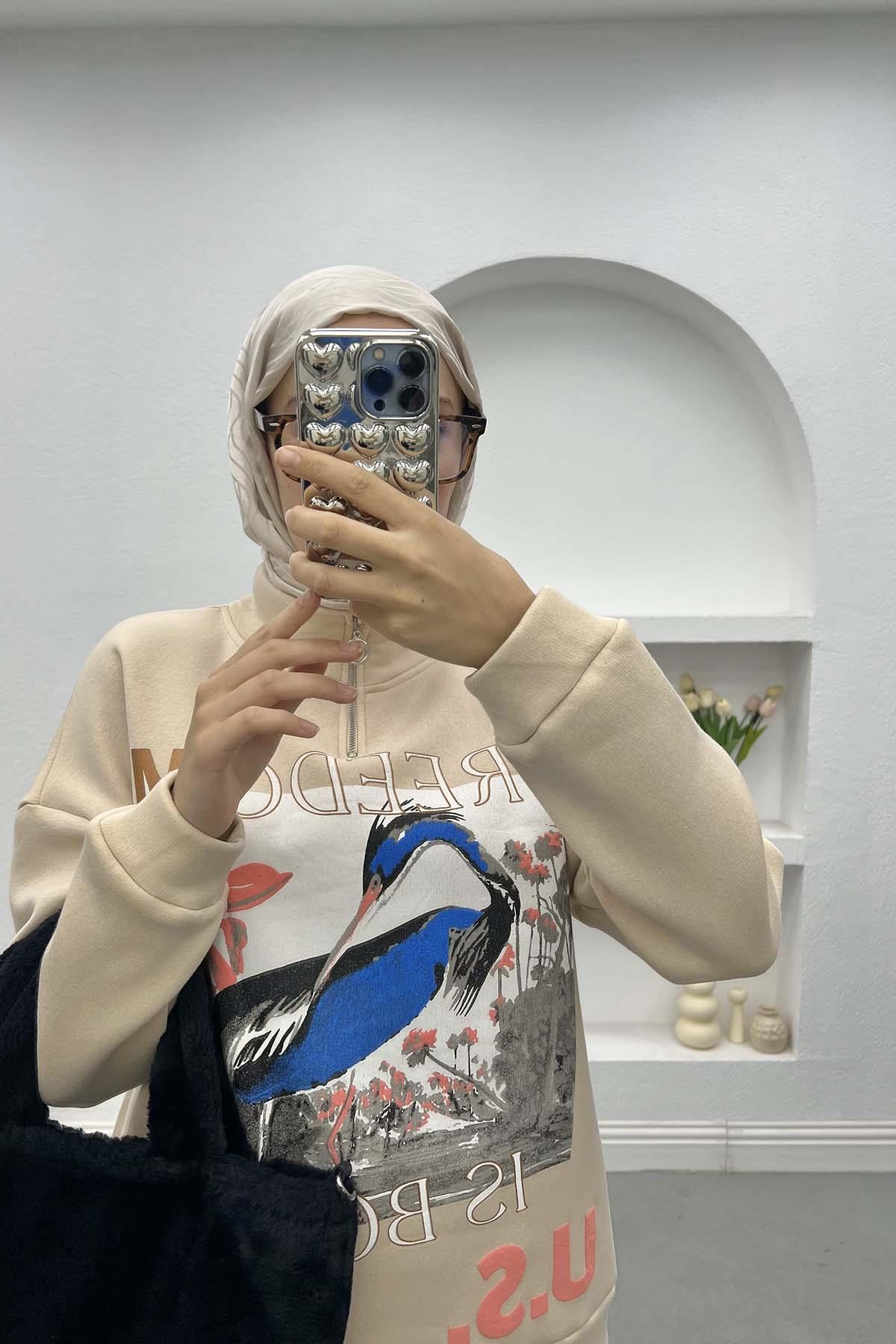 Baskılı Üç İplik Sweatshirt Bej
