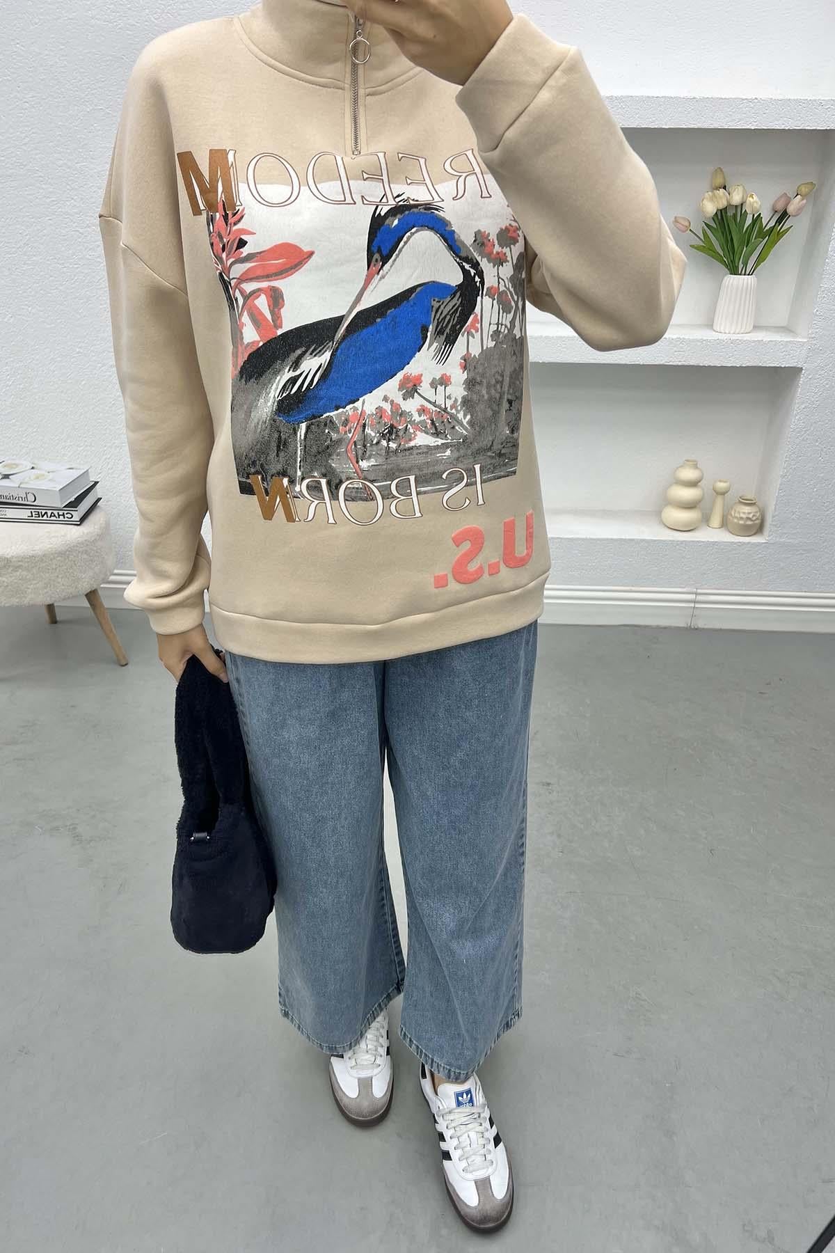 Baskılı Üç İplik Sweatshirt Bej