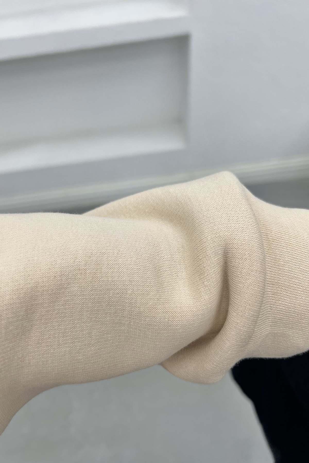 Baskılı Üç İplik Sweatshirt Bej
