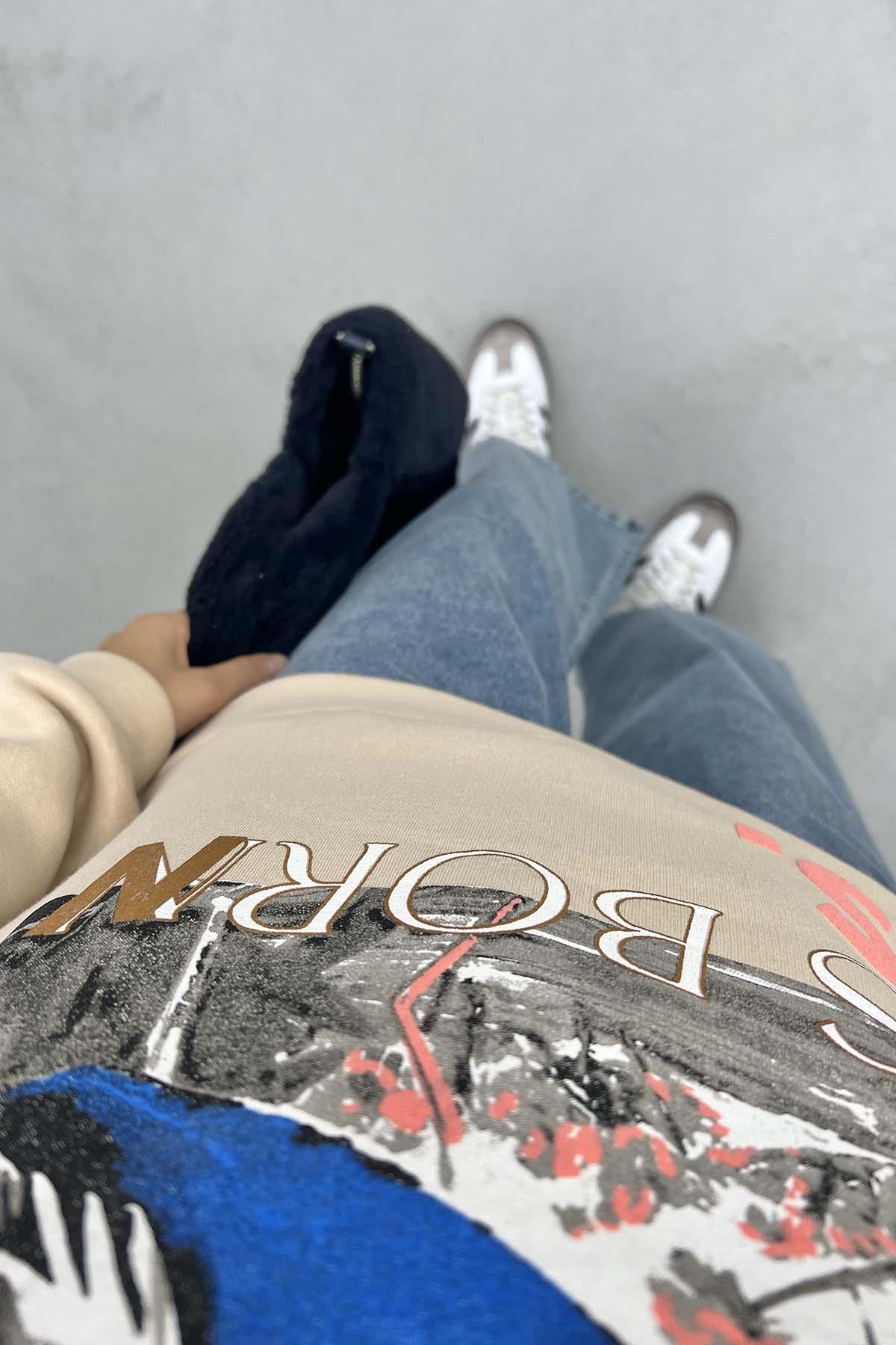 Baskılı Üç İplik Sweatshirt Bej